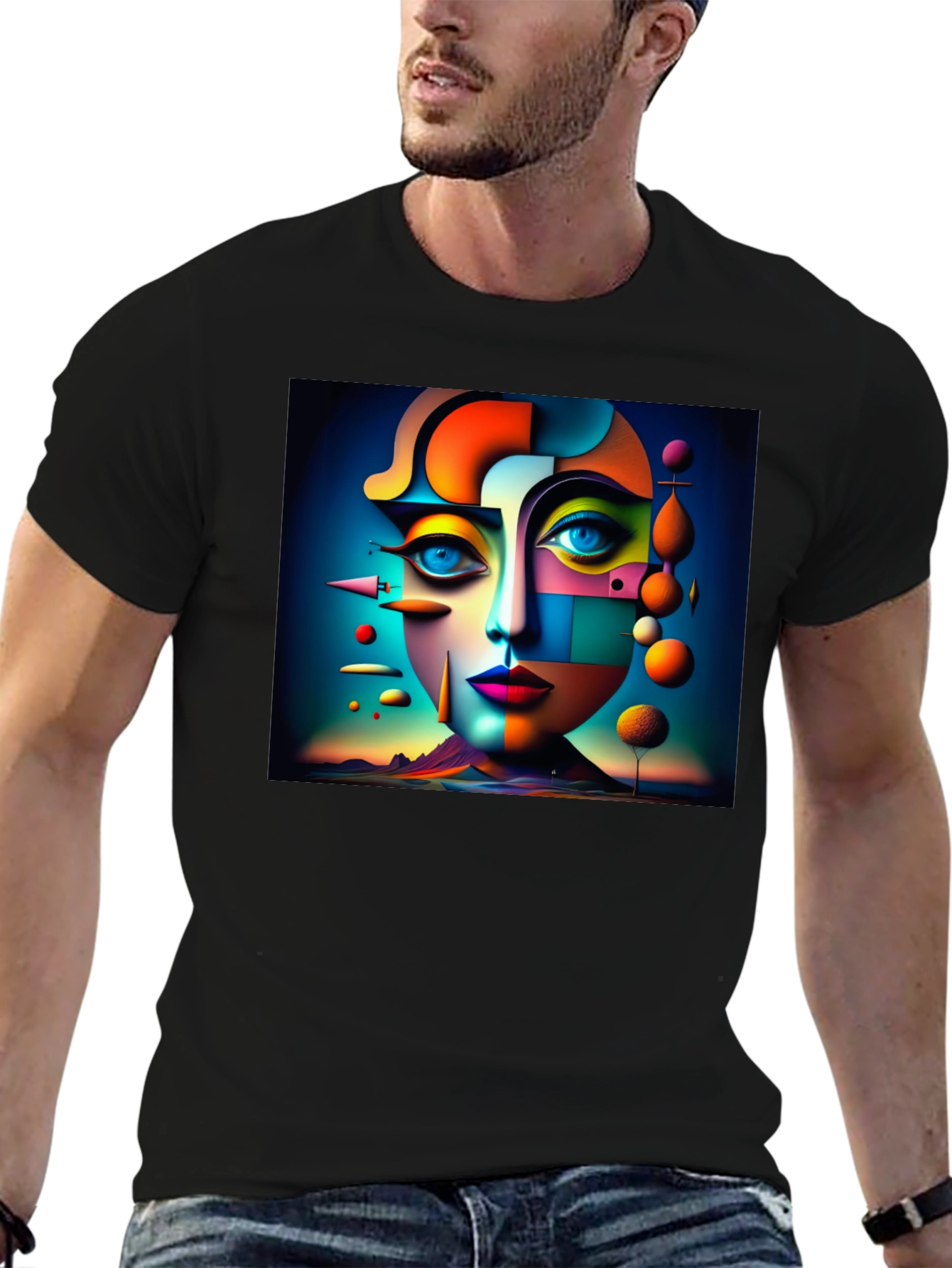 Black Abstract Geometric Face Art Black T-Shirt view 6