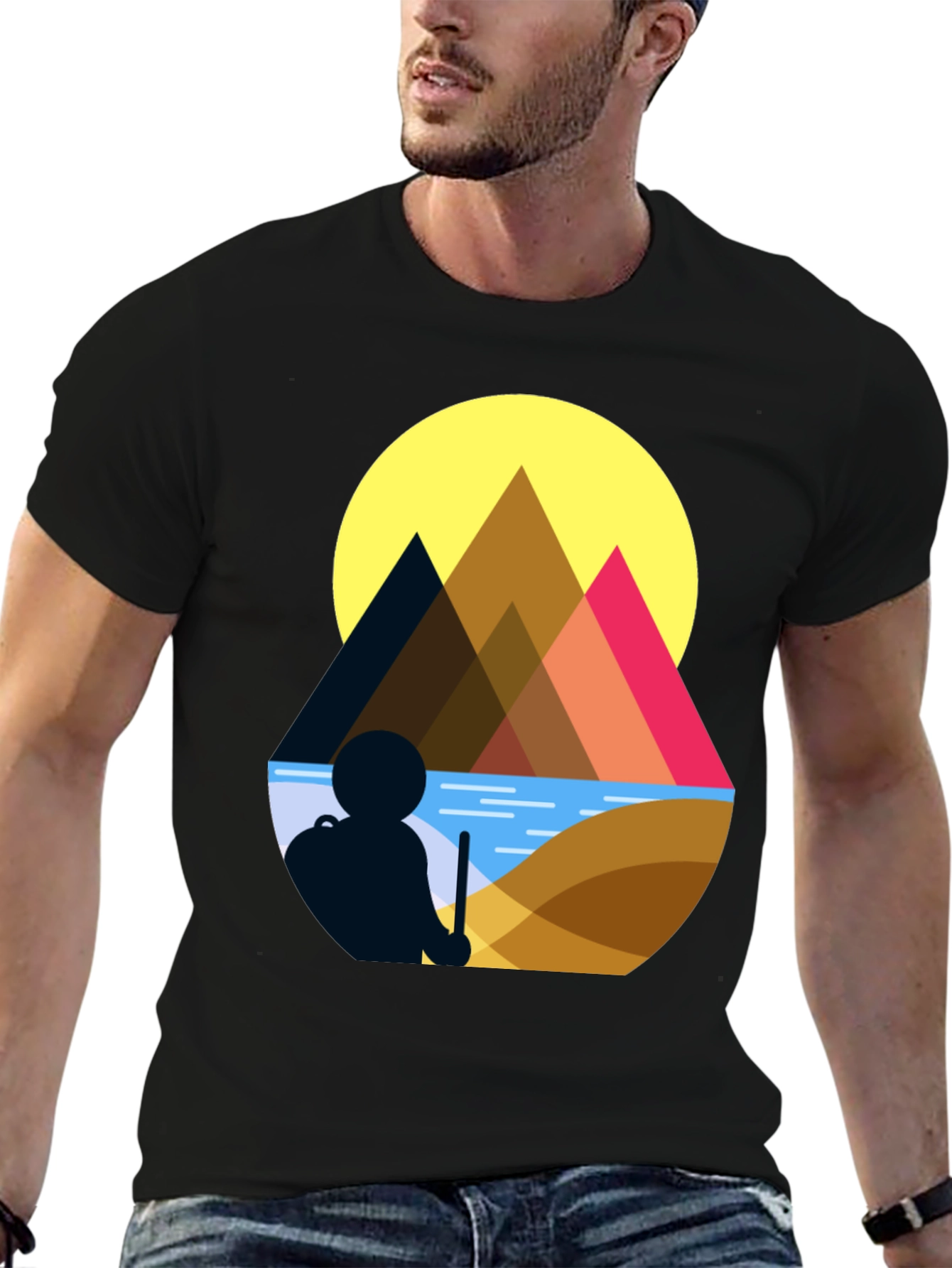 Black Geometric Mountain Scene Graphic Tee view 6