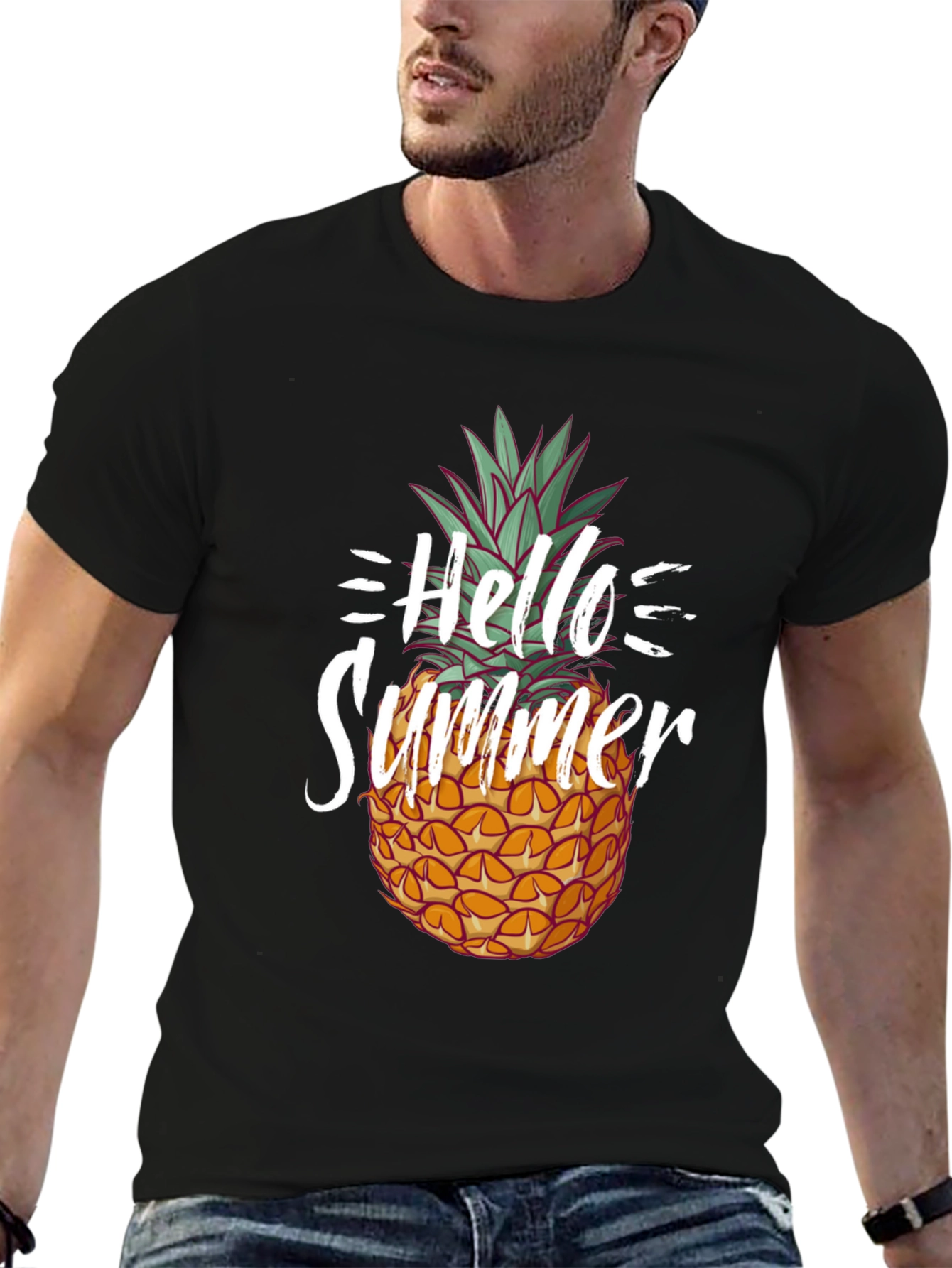Black Hello Summer Pineapple Graphic Tee - Black Cotton Shirt view 6