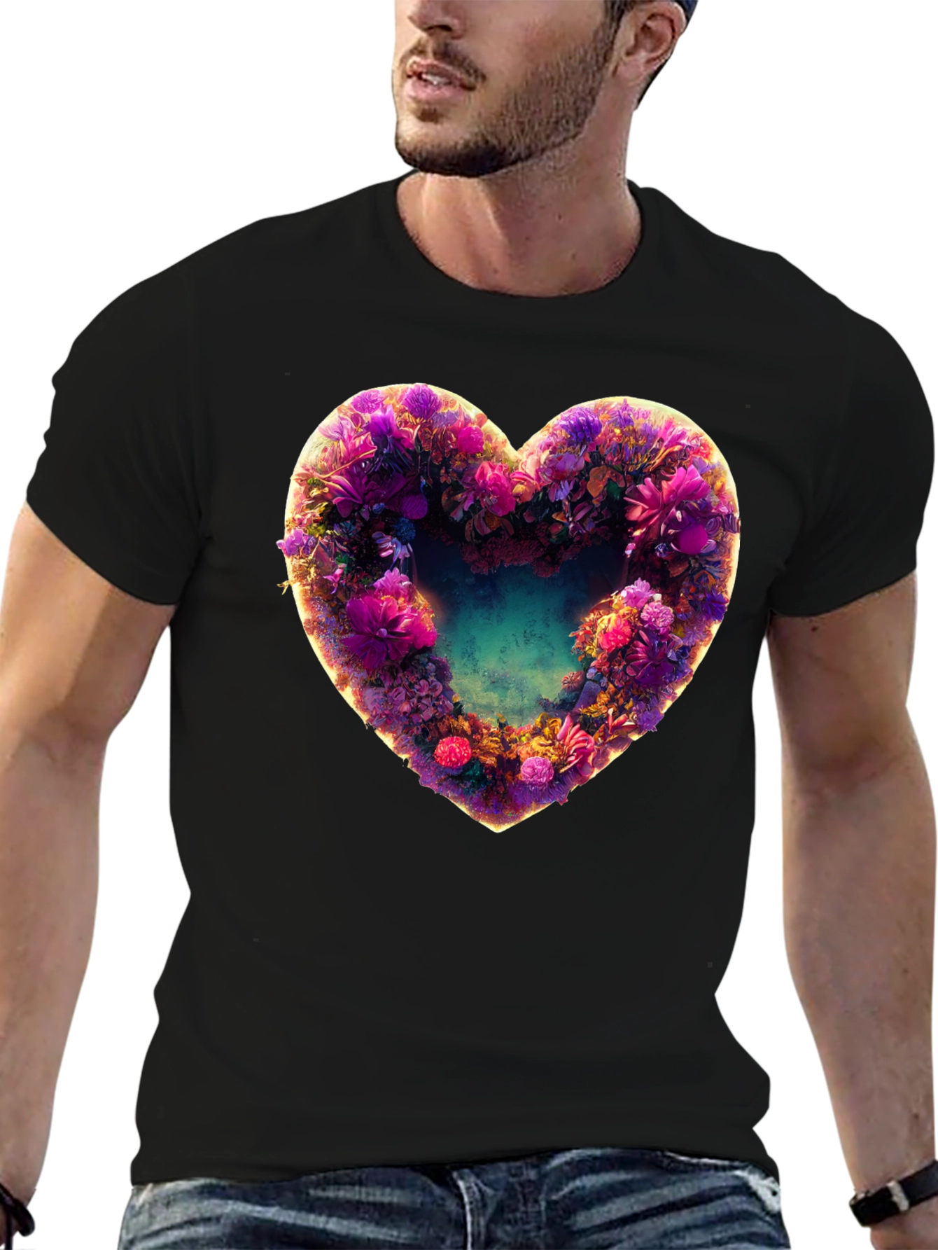 Black Floral Heart Graphic Black T-Shirt view 6