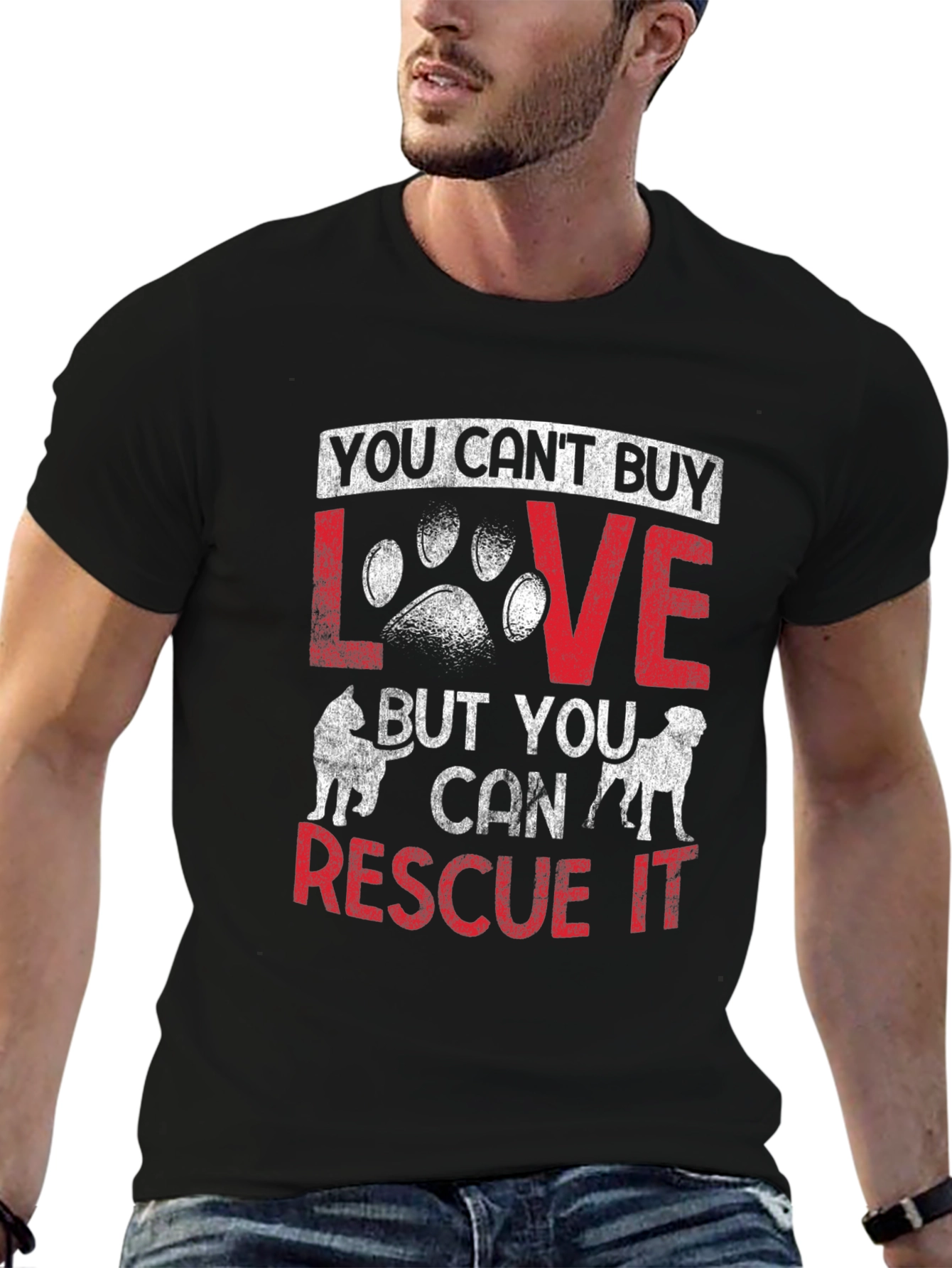 Black Rescue Dog Lover T-Shirt - "You Can't Buy Love, Rescue It" view 6