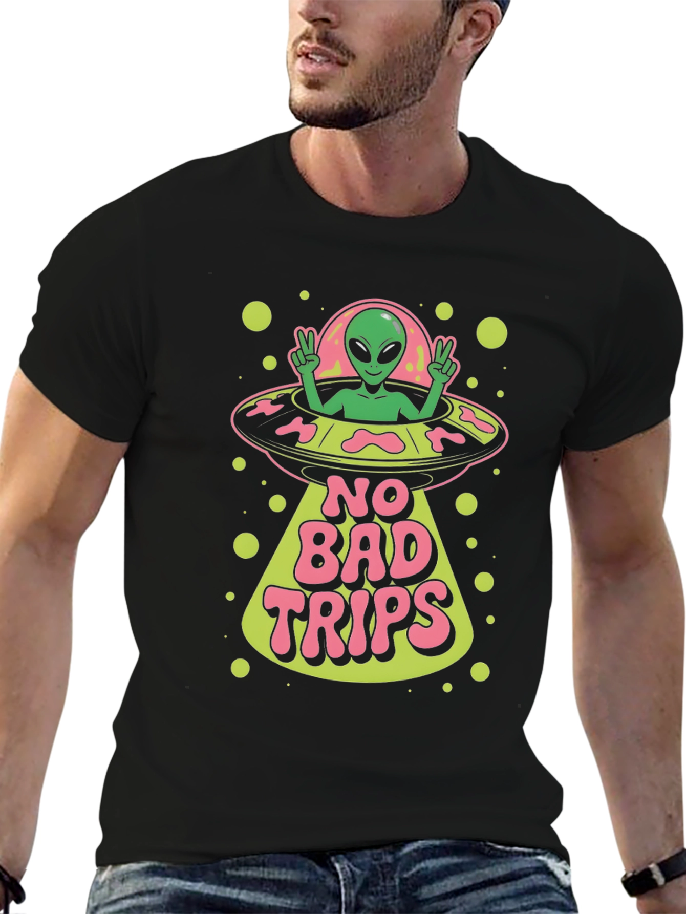 Black No Bad Trips Alien UFO Graphic T-Shirt view 6