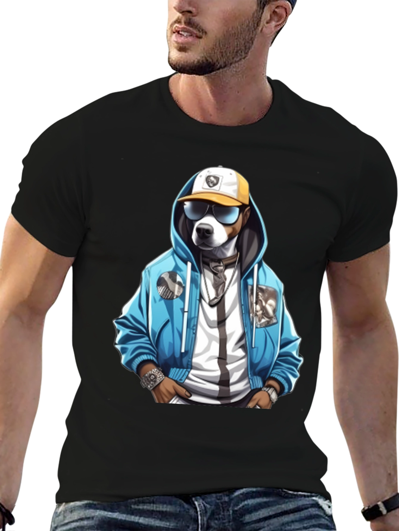 Black Dog in Hoodie Graphic Tee - Cool Streetwear Style view 6