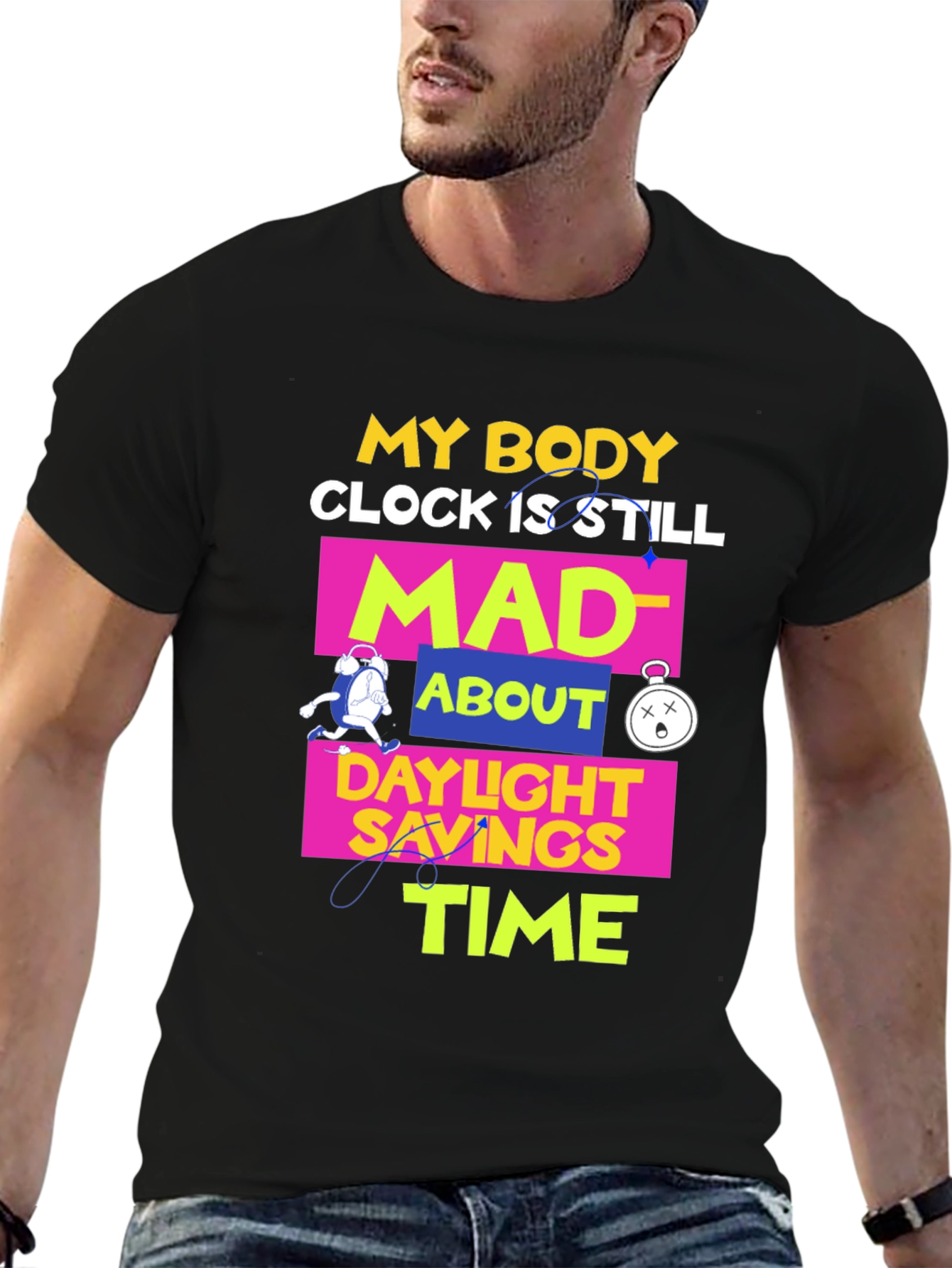 Black Daylight Savings Time T-Shirt Funny Body Clock Mad Tee view 6