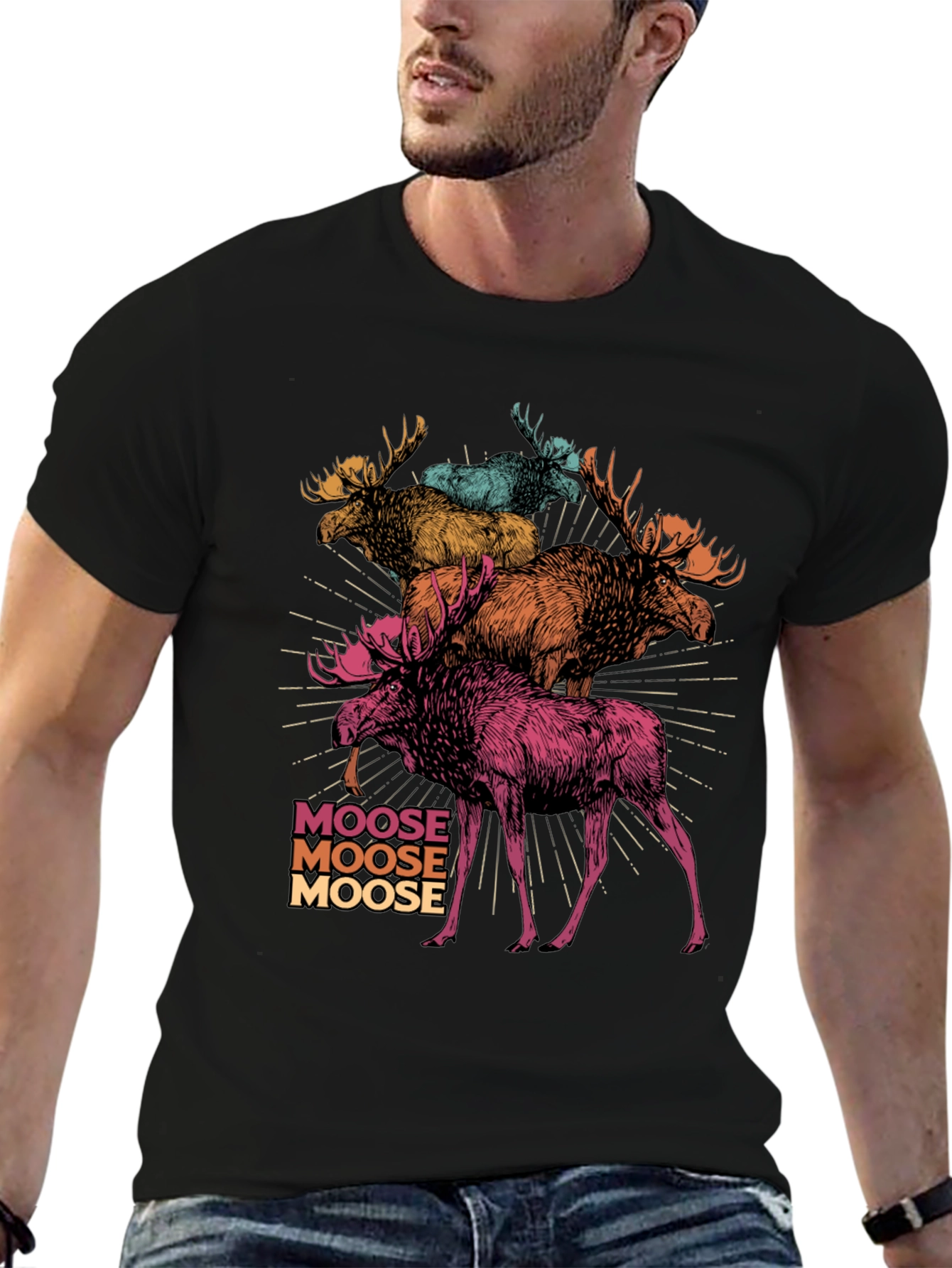 Black Moose Stack Graphic T-Shirt - Cool Colorful Design view 6