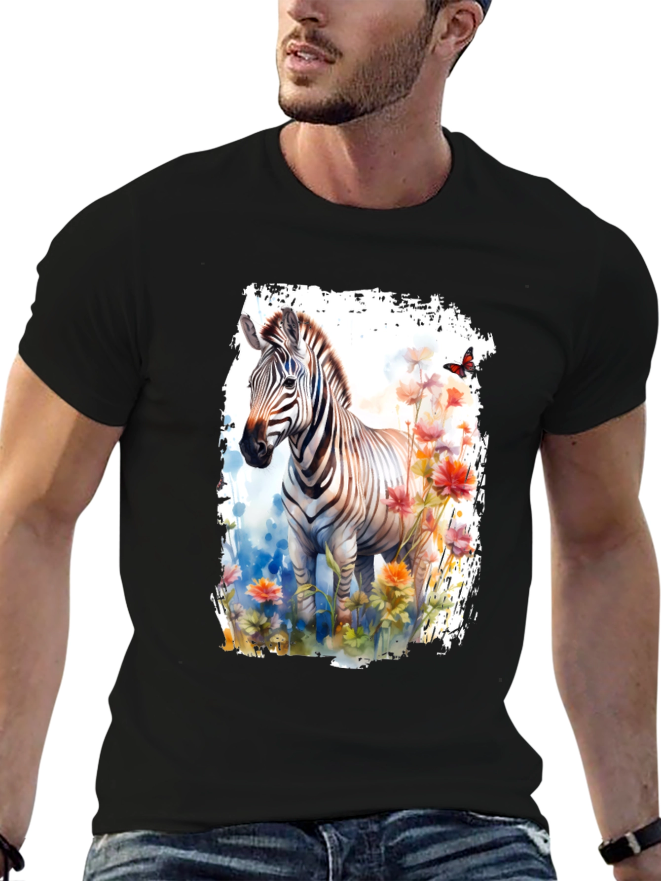 Black Zebra & Floral Graphic Black T-Shirt view 6