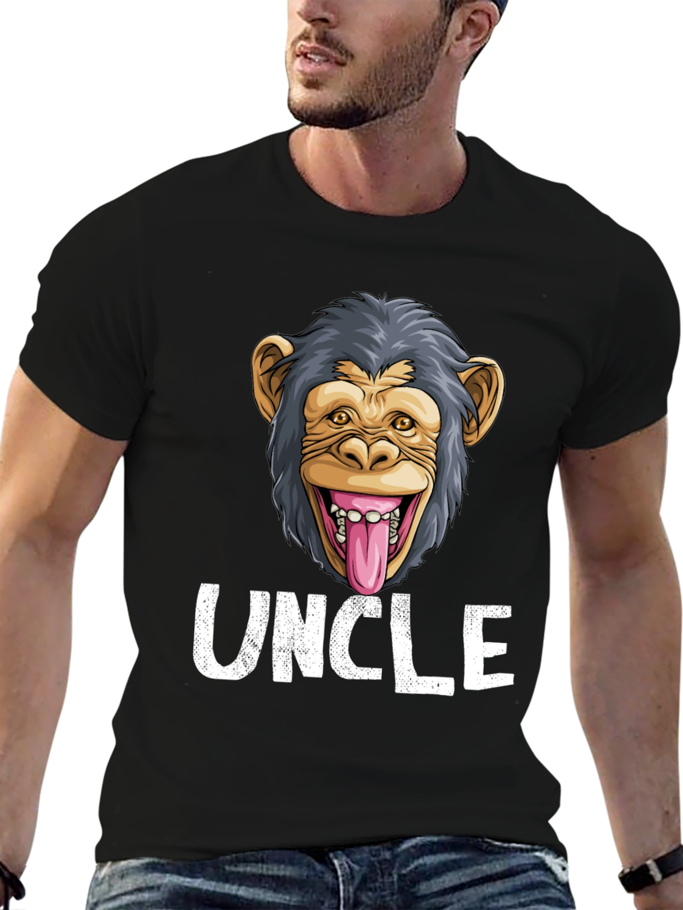 Black Uncle Monkey Face Graphic T-Shirt - Funny Tee view 6