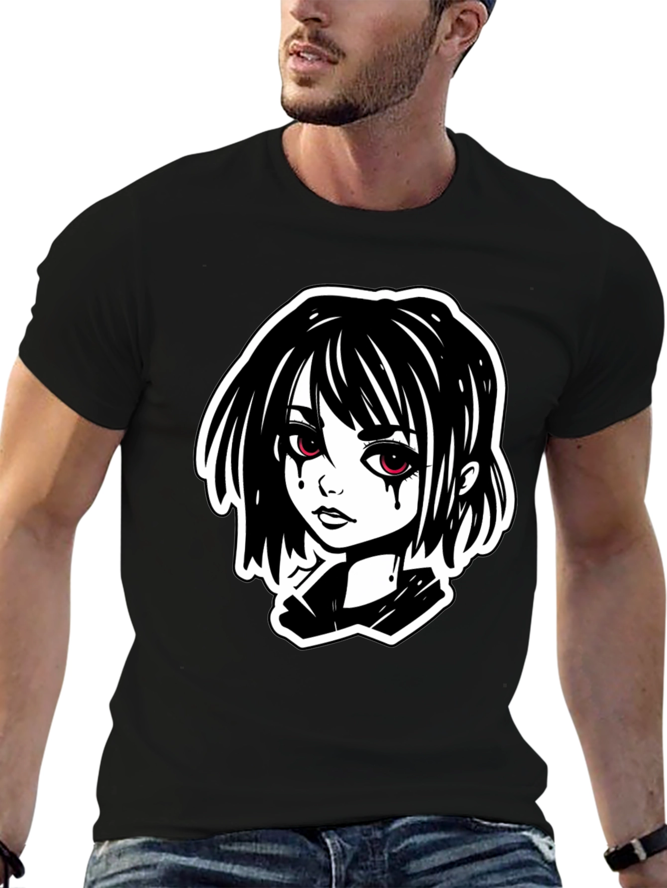 Black Gothic Anime Girl T-Shirt - Black view 6