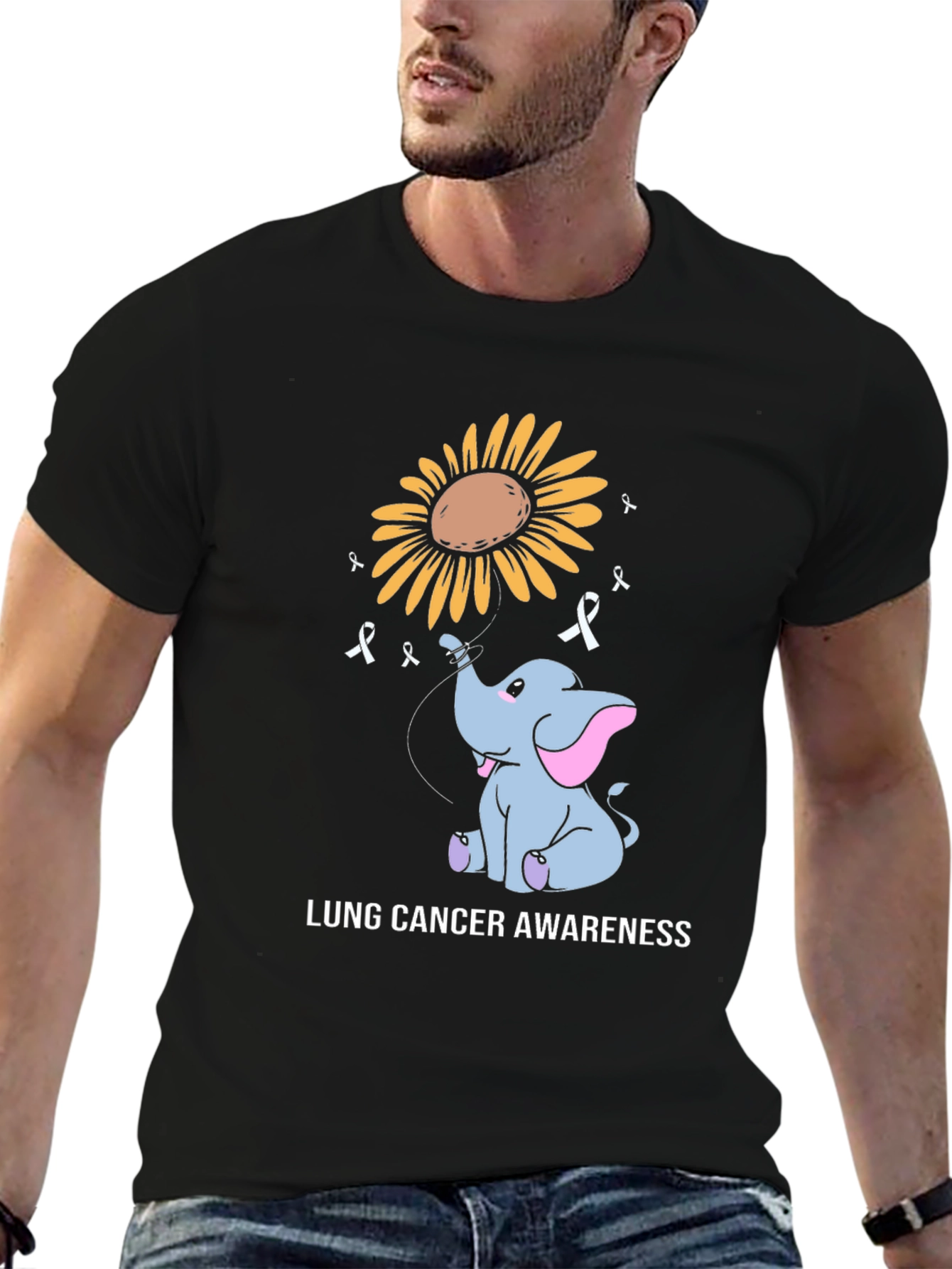 Black Lung Cancer Awareness Elephant Sunflower T-Shirt view 6