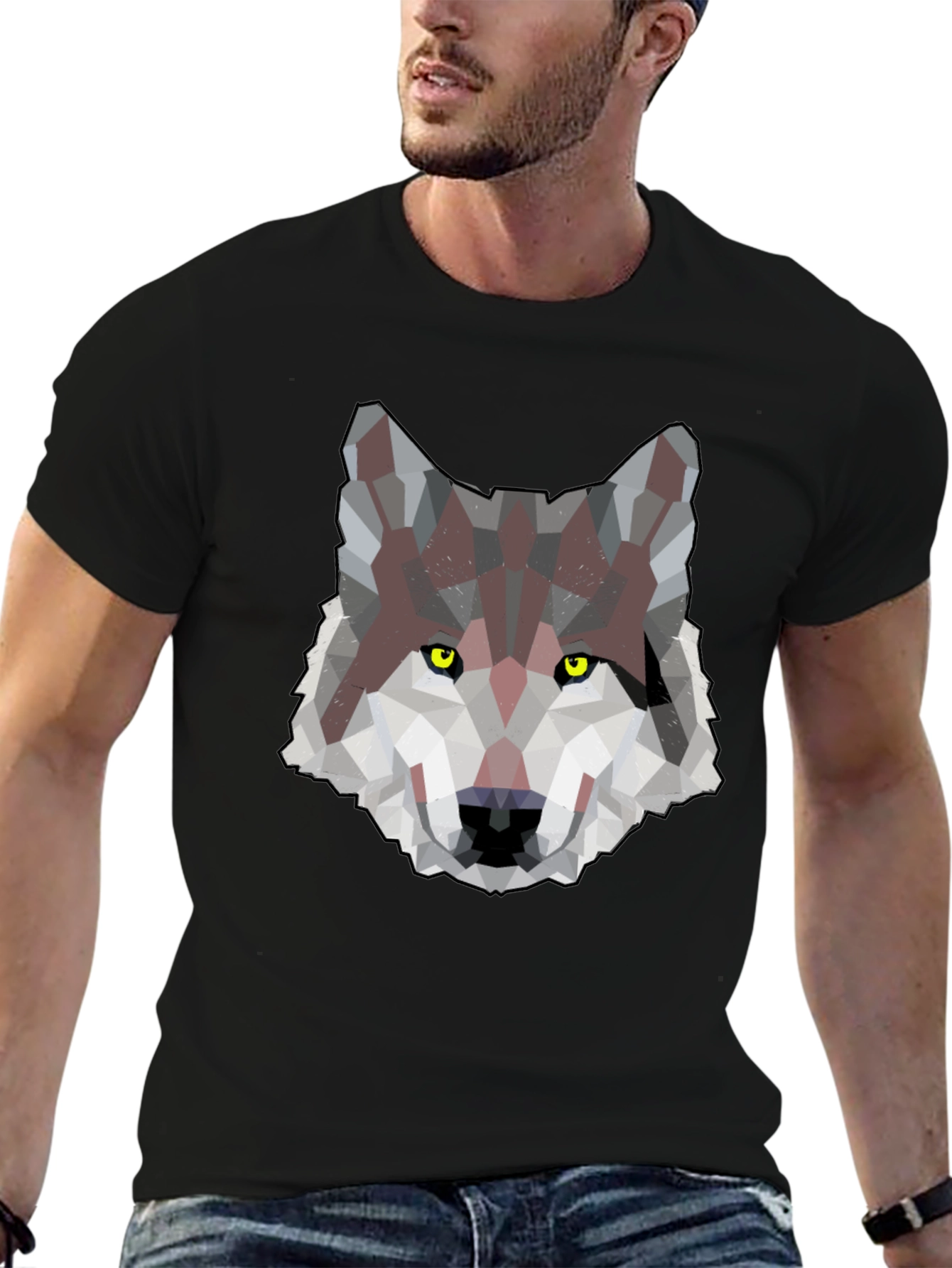 Black Geometric Wolf Graphic Print Men's T-Shirt view 6