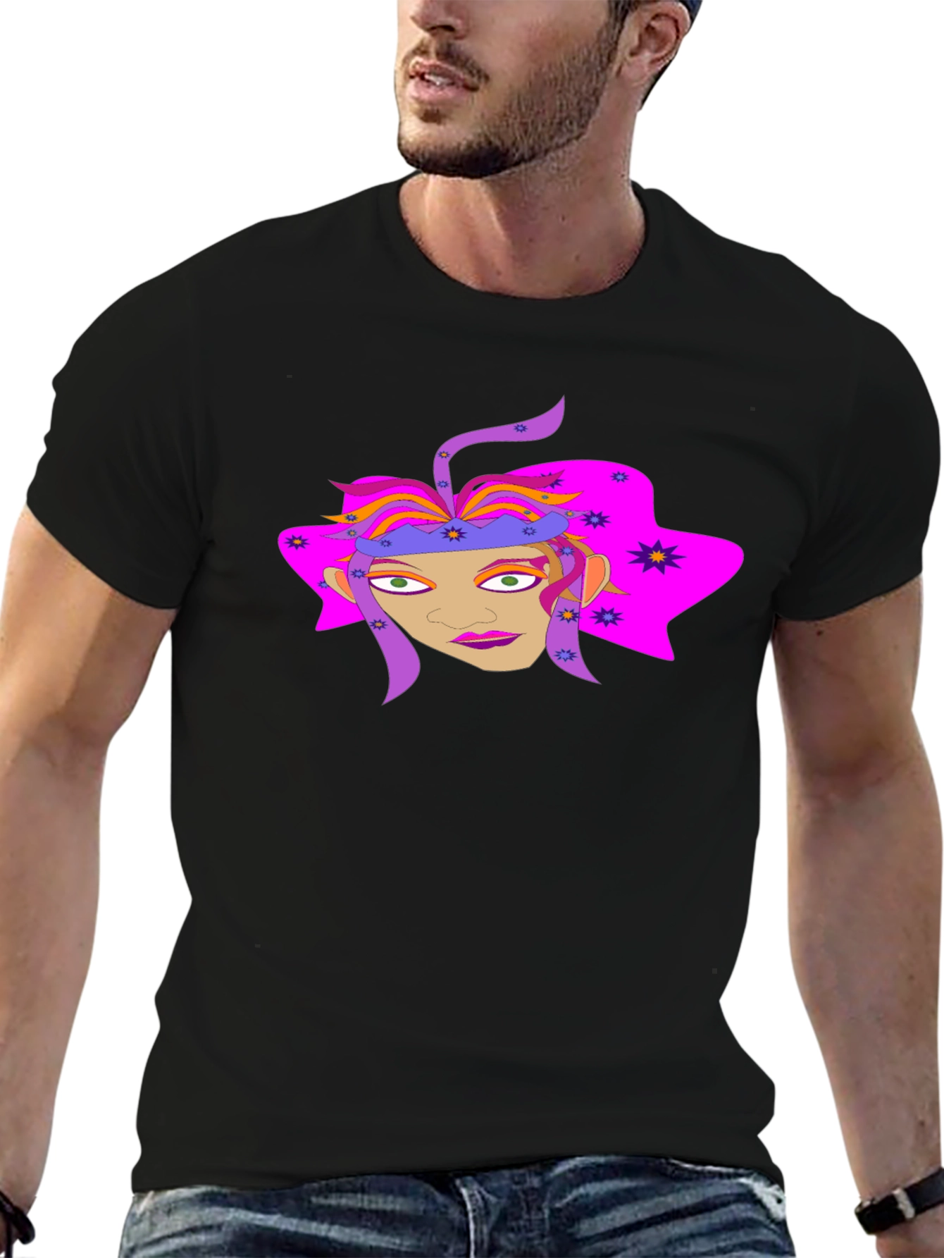 Black Funky Graphic Tee: Colorful Face Design view 6