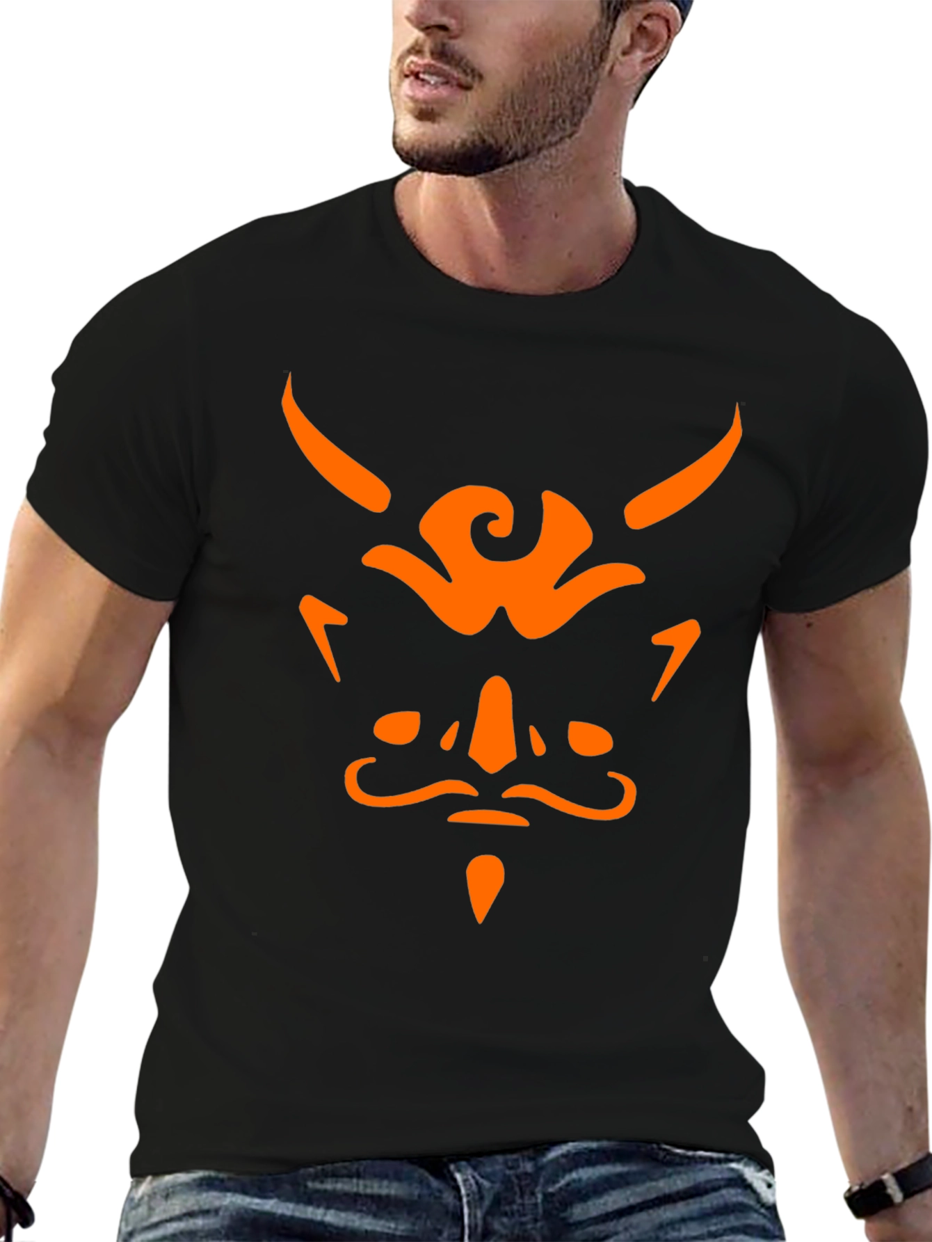 Black Men's Black T-Shirt with Orange Demon Graphic view 6