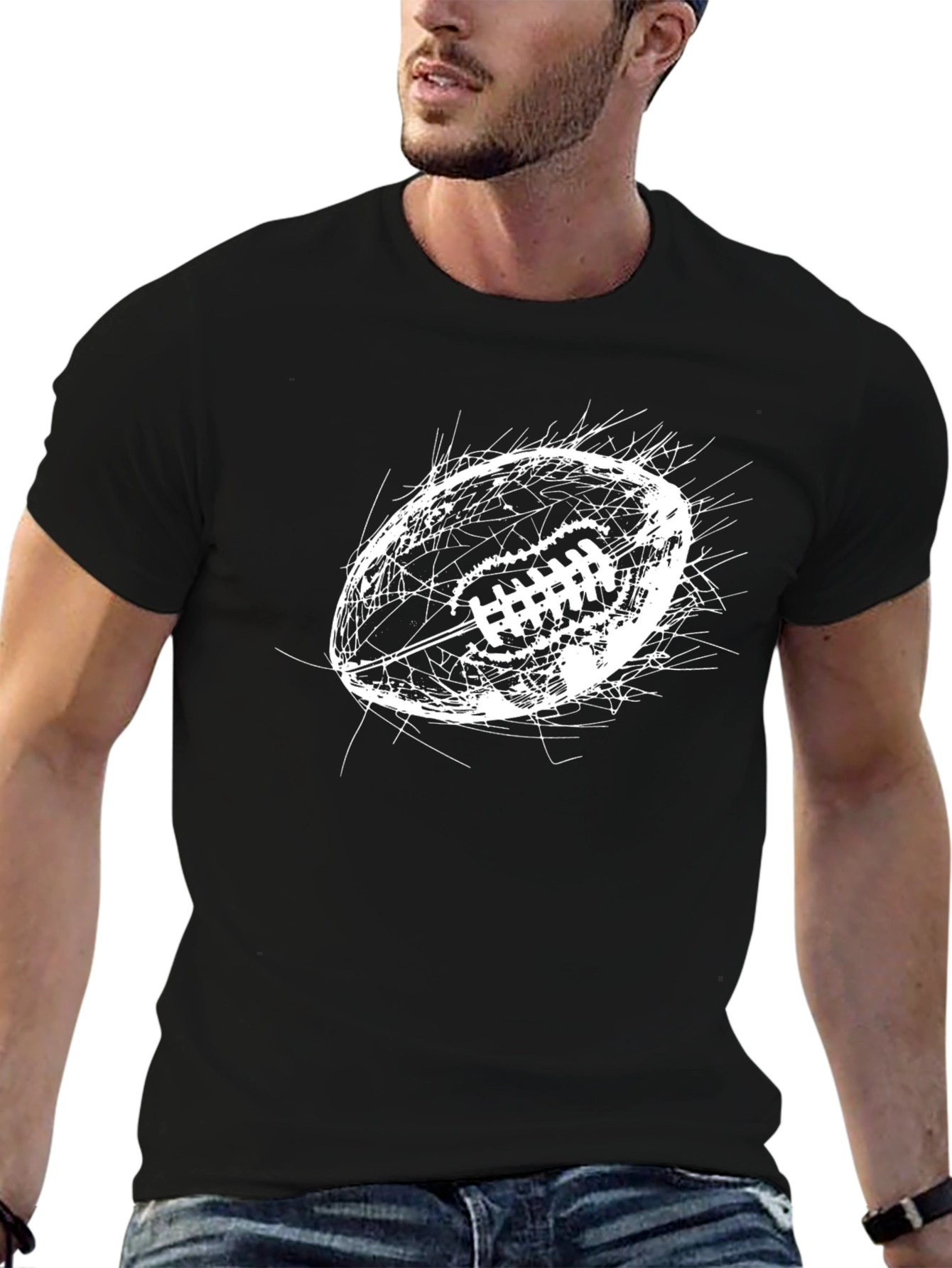Black Football Graphic Tee - Black Cotton Casual Top view 6