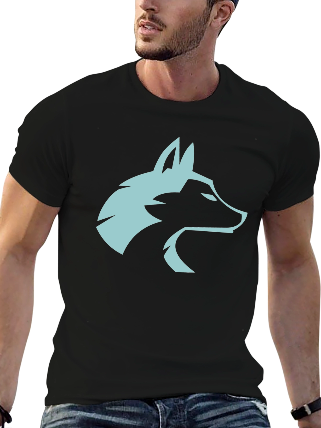 Black Cool Wolf Head Graphic Tee - Black Cotton Blend view 6
