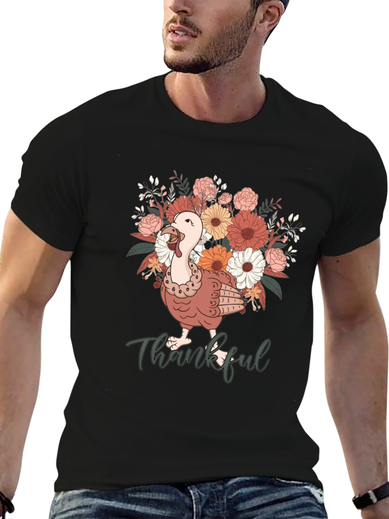 Black Thankful Turkey Floral T-Shirt view 6