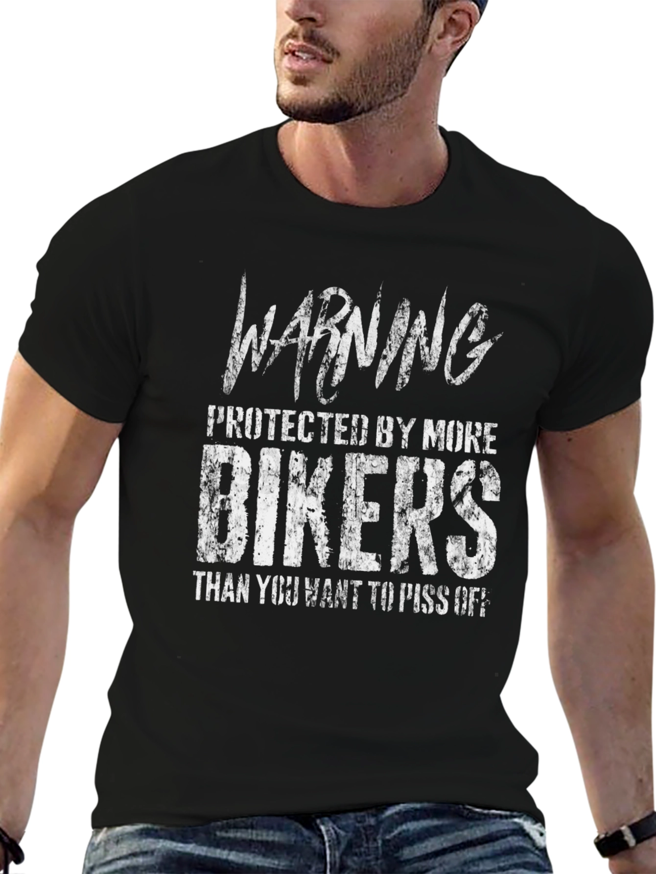 Black Warning Bikers T-Shirt: Protected by More Bikers view 6
