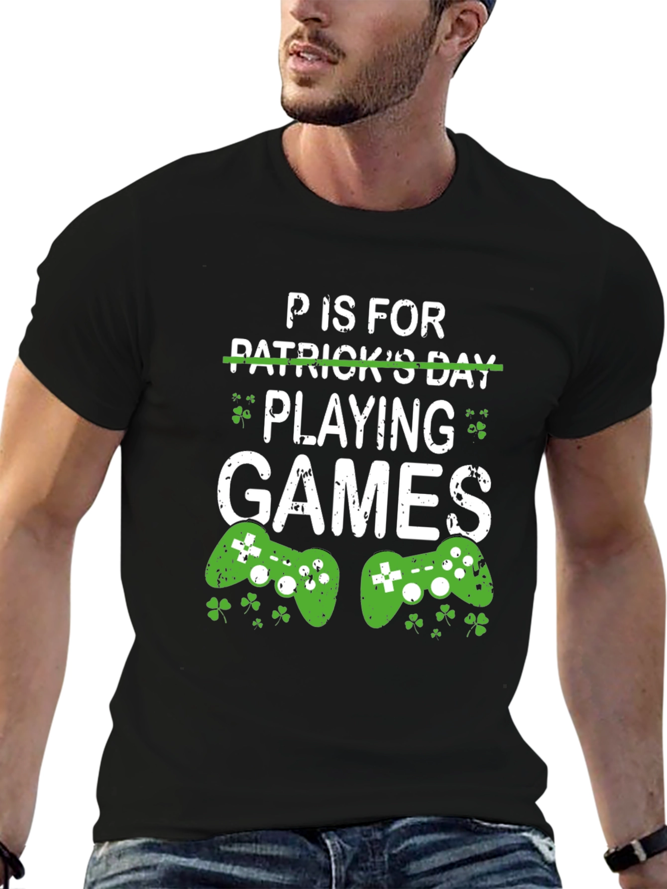Black P is for Playing Games St. Patrick's Day Gamer T-Shirt view 6