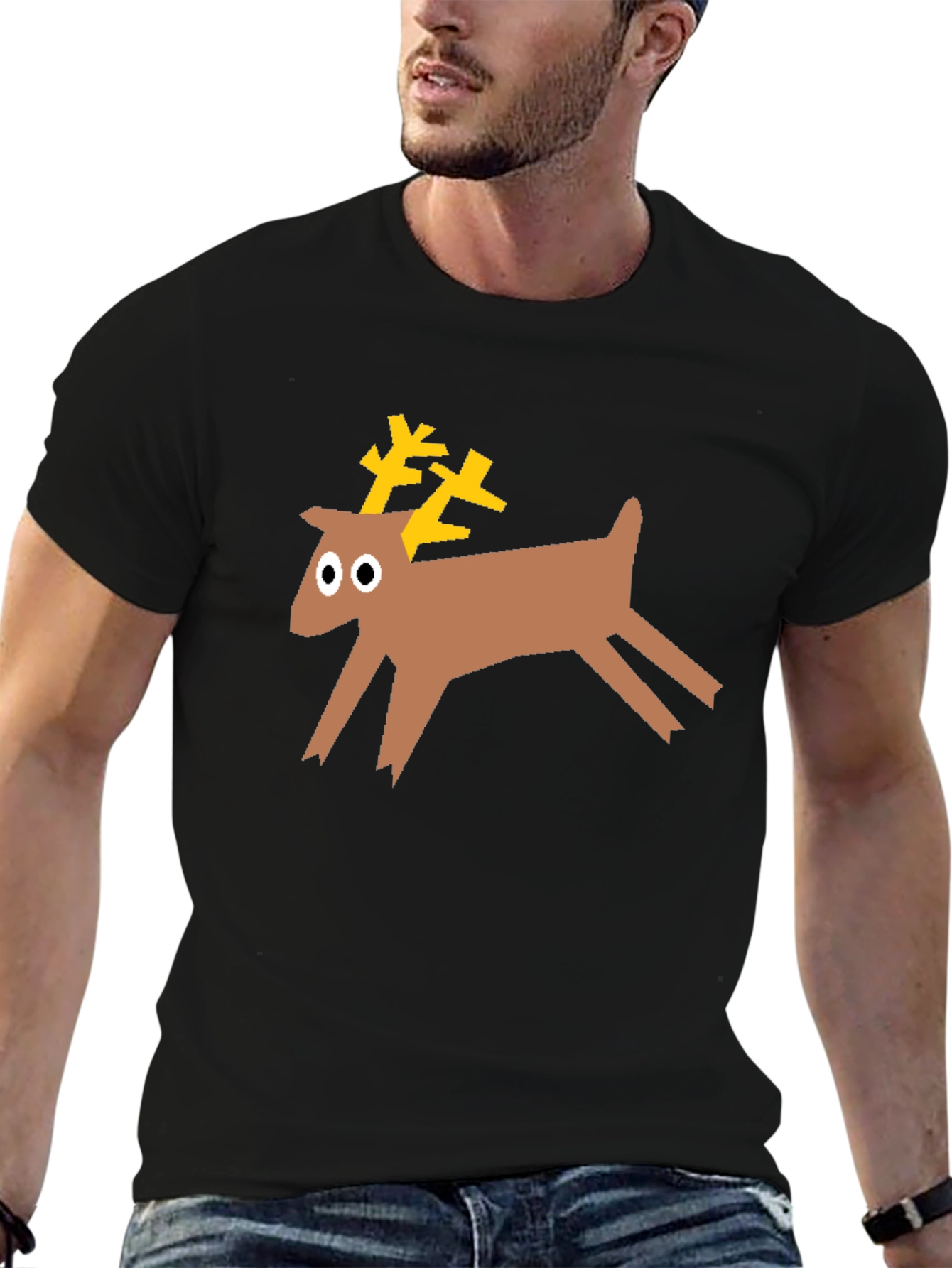 Black Reindeer Graphic Tee - Black Cotton T-Shirt view 6