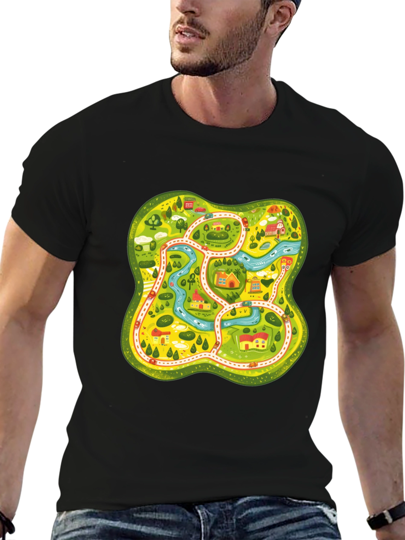 Cartoon Map Graphic Tee - Black Unisex T-Shirt - 6