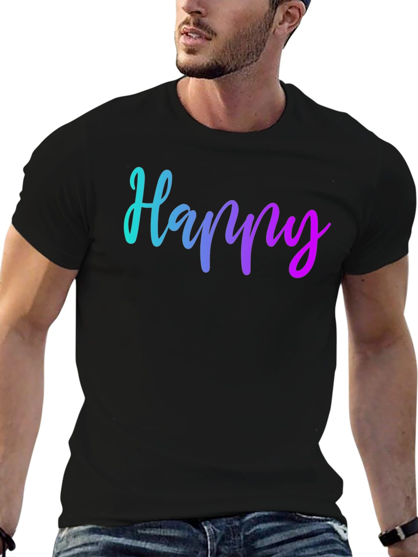 Black Happy Gradient Graphic Black T-Shirt view 6