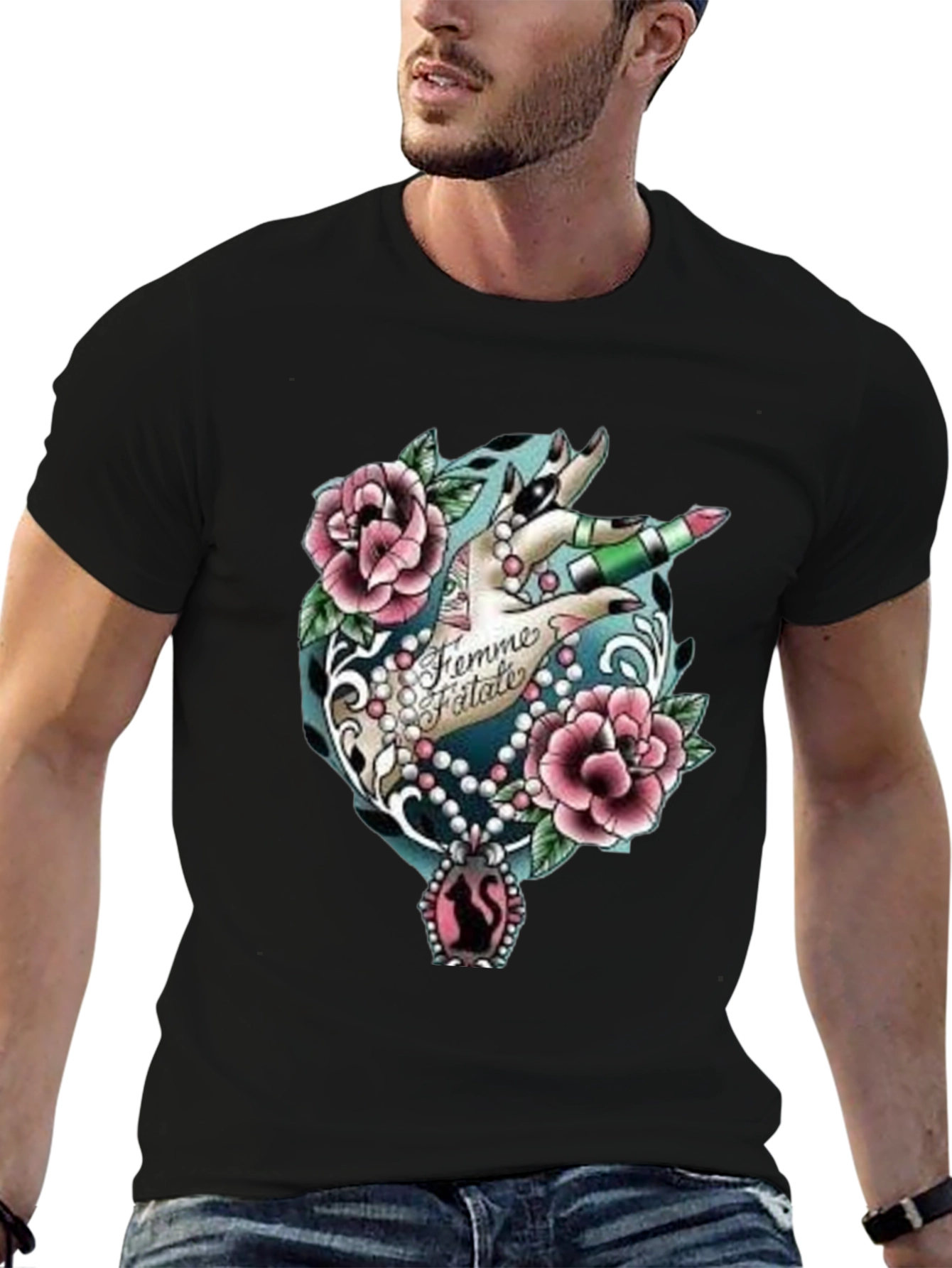 Black Femme Fatale Graphic T-Shirt - Roses & Lipstick Design view 6