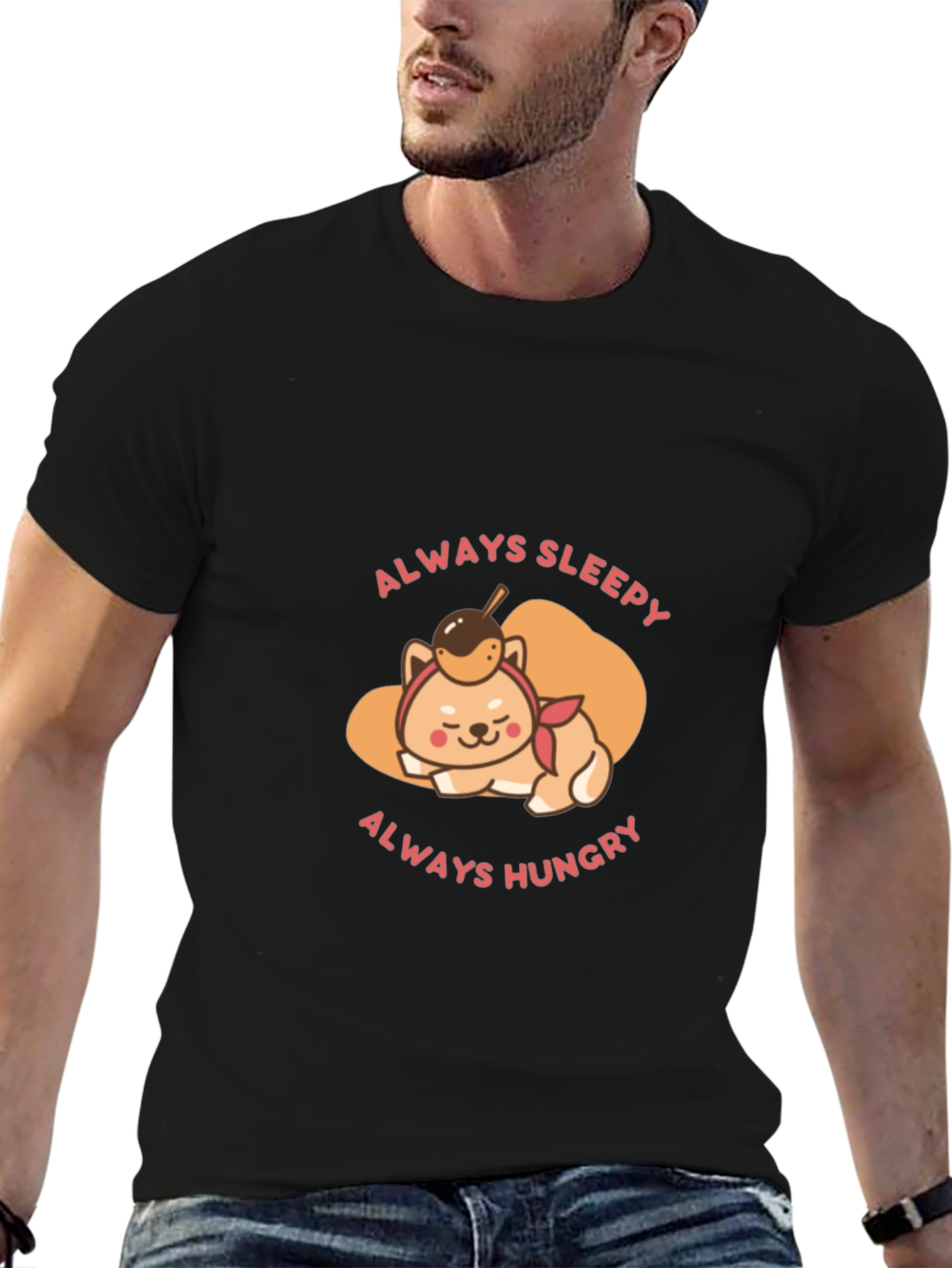Black Always Sleepy Hungry Shiba Inu T-Shirt view 6
