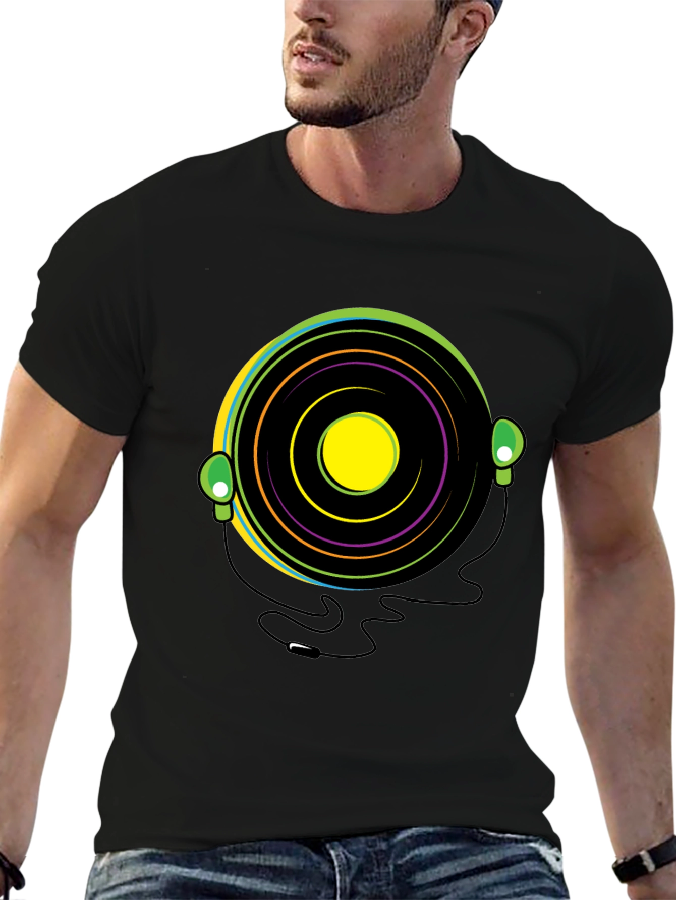 Black Groovy Vinyl Record Headphone T-Shirt view 6