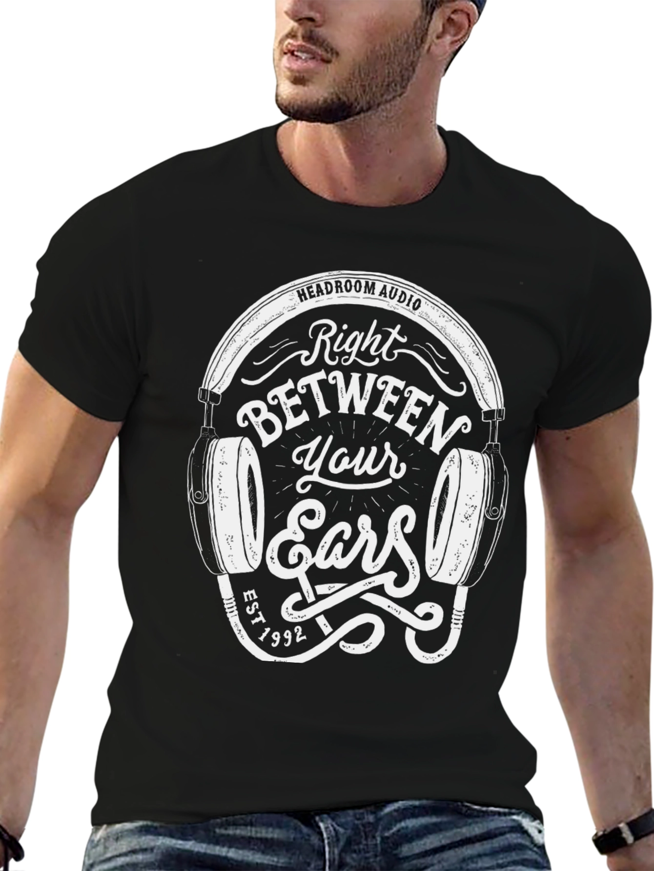 Black Headroom Audio Black T-Shirt Right Between Your Ears Headphones view 6