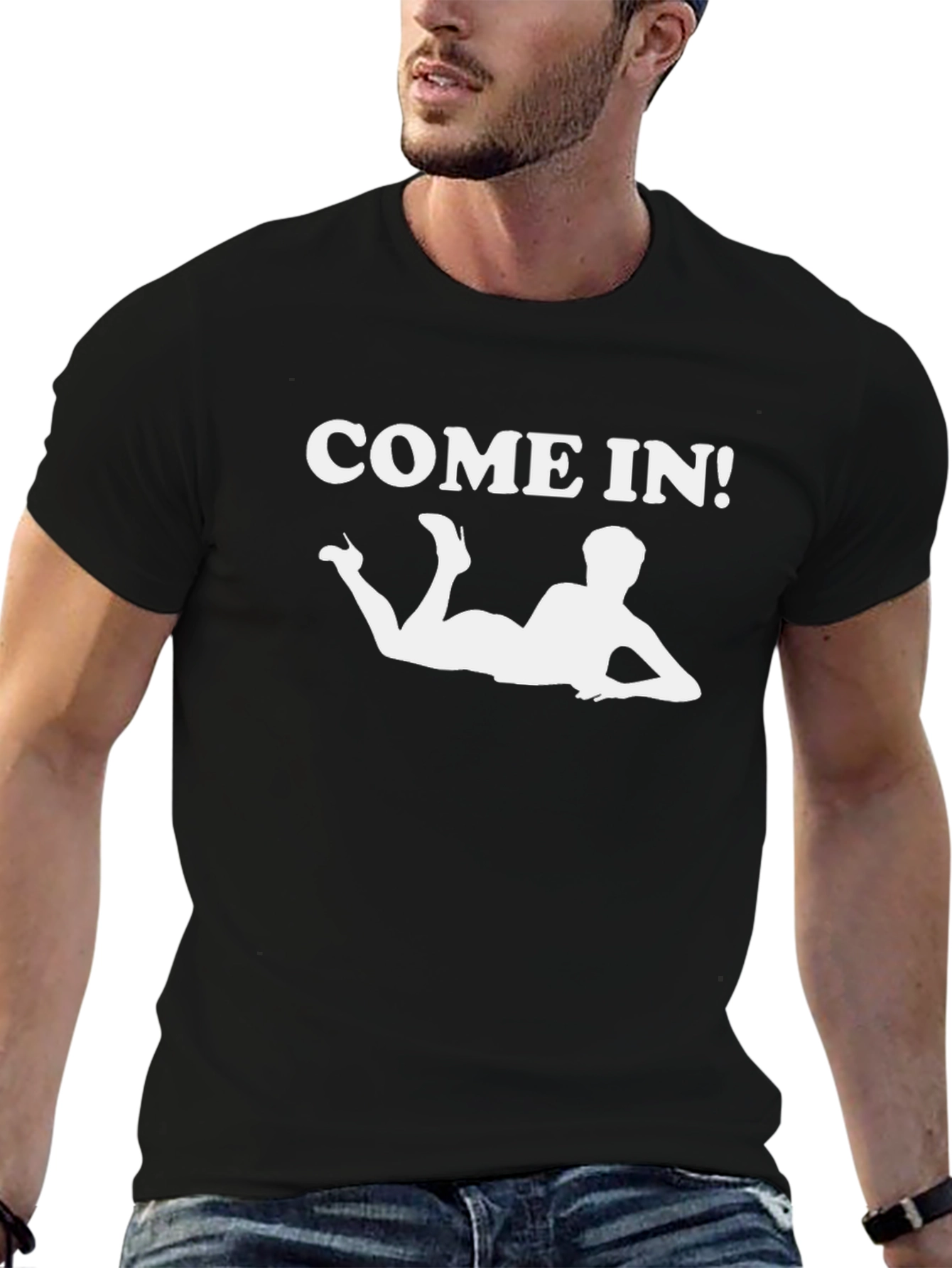 Black Come In! Graphic T-Shirt - Bold & Humorous Tee view 6