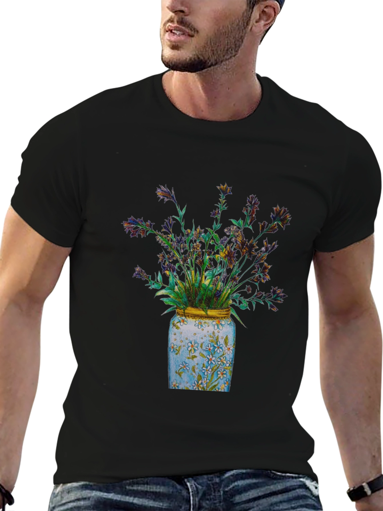 Black Floral Jar Graphic Tee - Soft Cotton Blend view 6