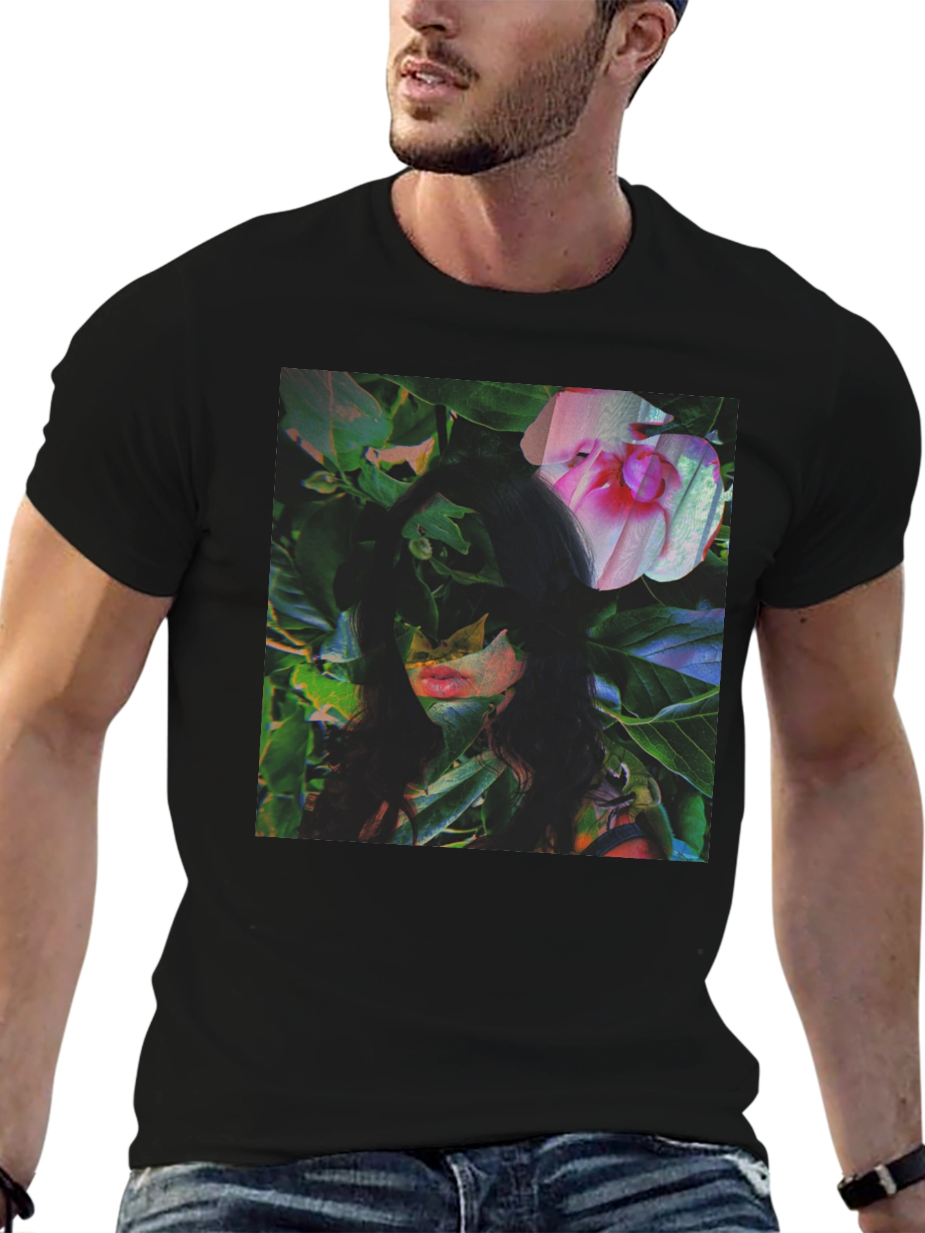 Black Floral Portrait Graphic Tee - Black Cotton Blend view 6