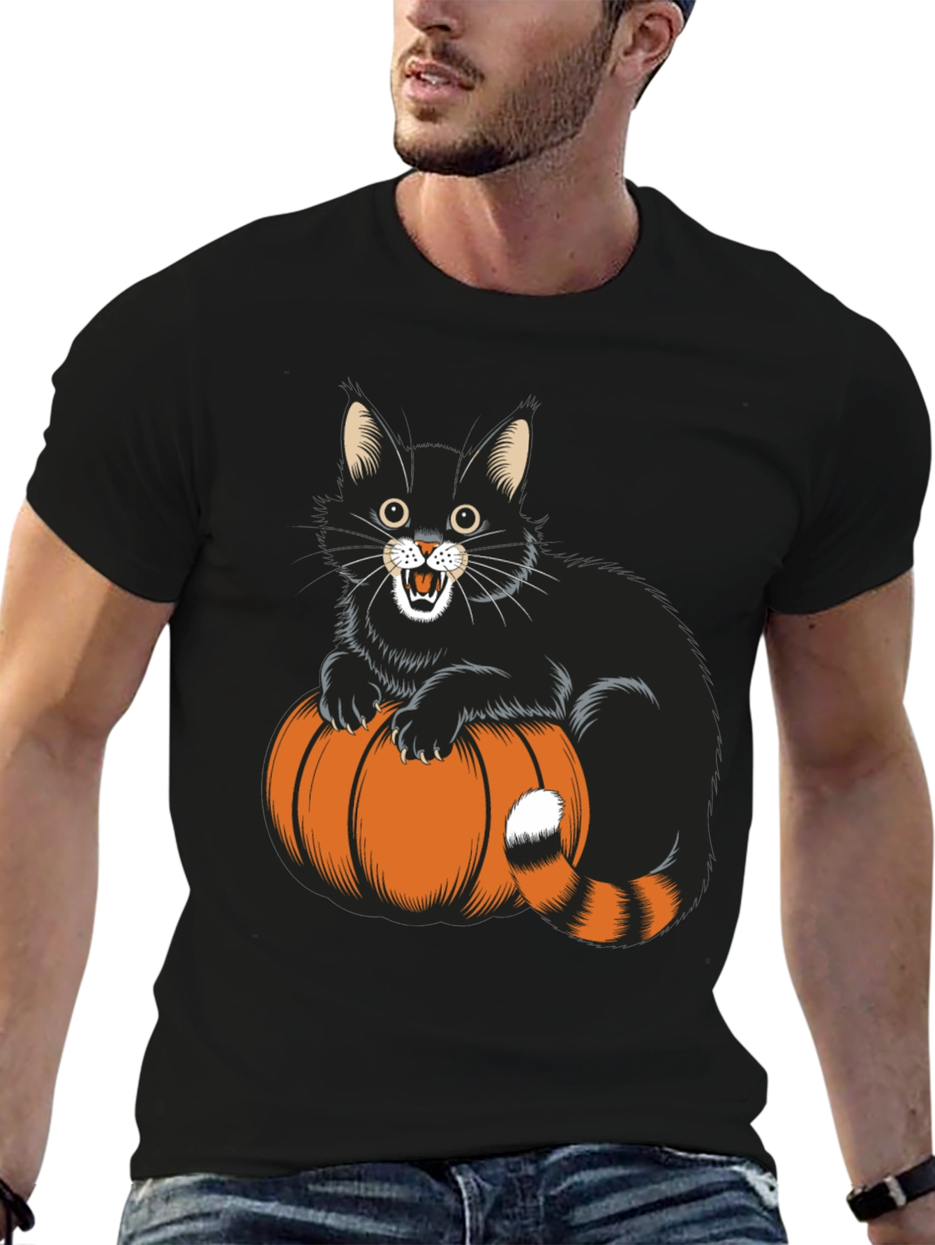 Black Halloween Cat & Pumpkin Black T-Shirt view 6