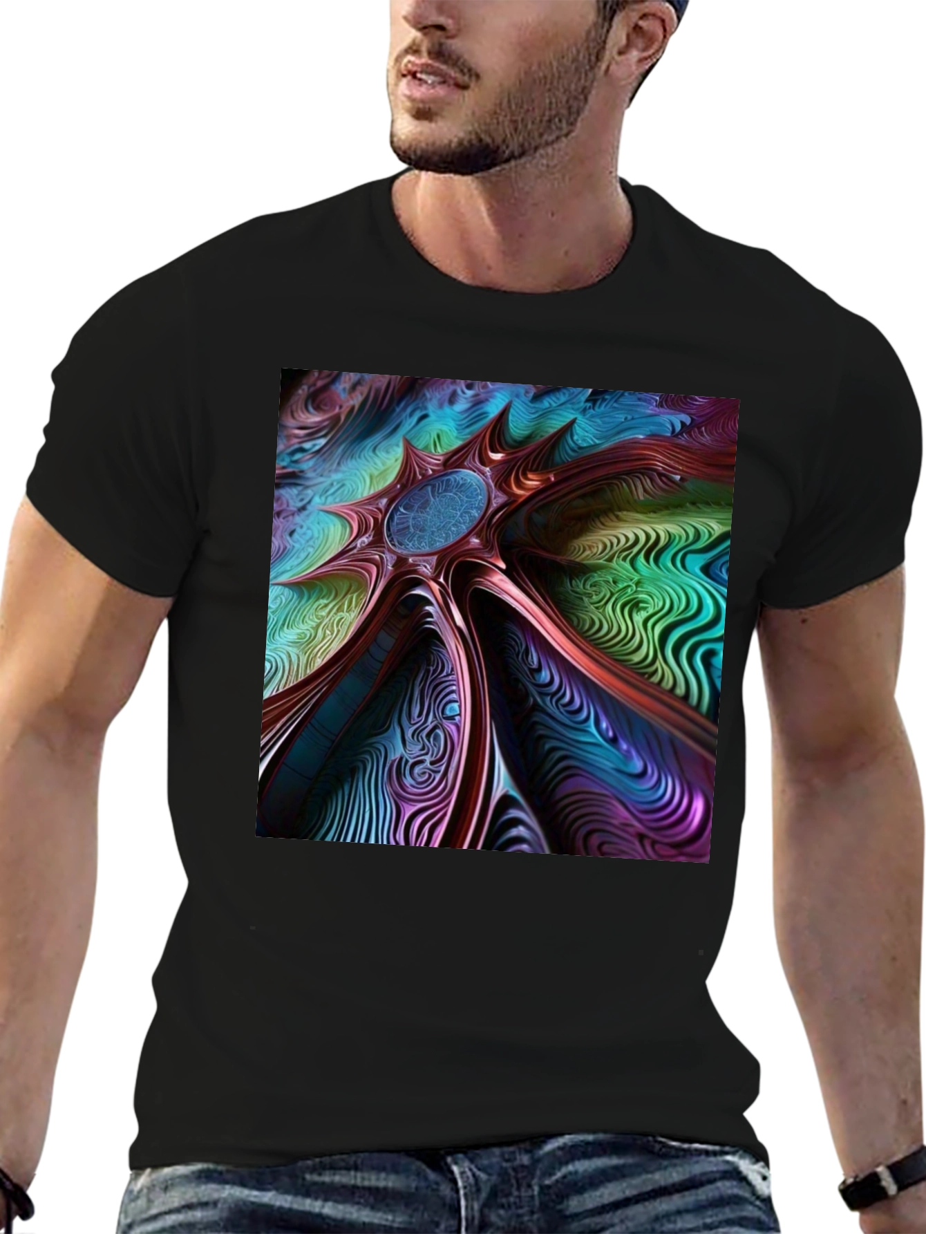 Black Abstract Art Tee: Colorful Vortex Design view 6