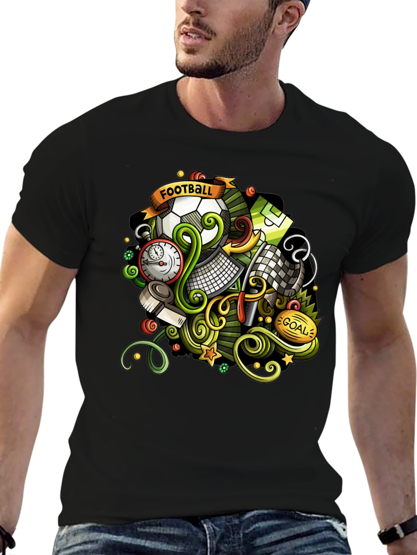 Black Football Cartoon Graphic T-Shirt view 6