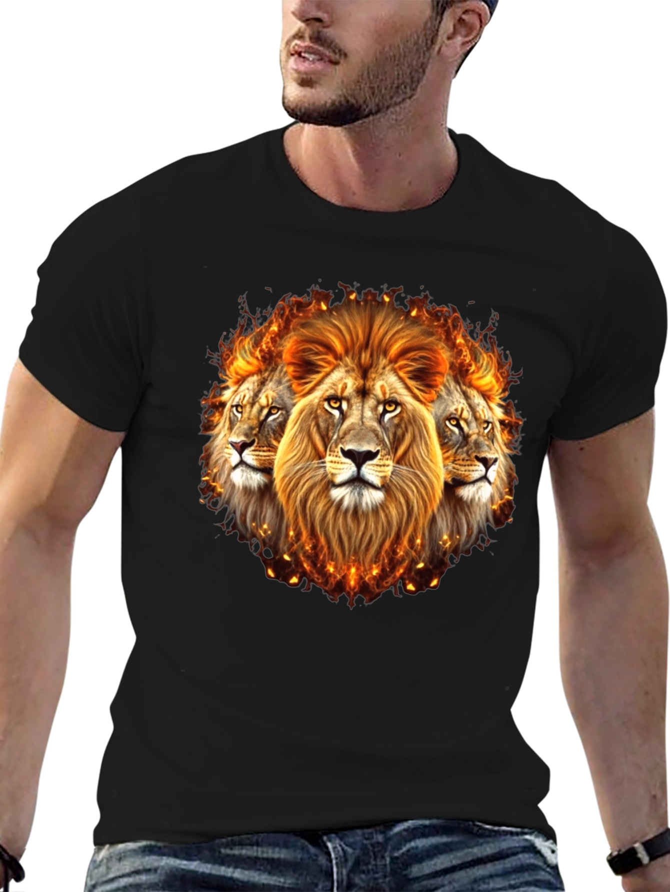 Black Fiery Lion Head Graphic Tee - Bold Black Shirt view 6