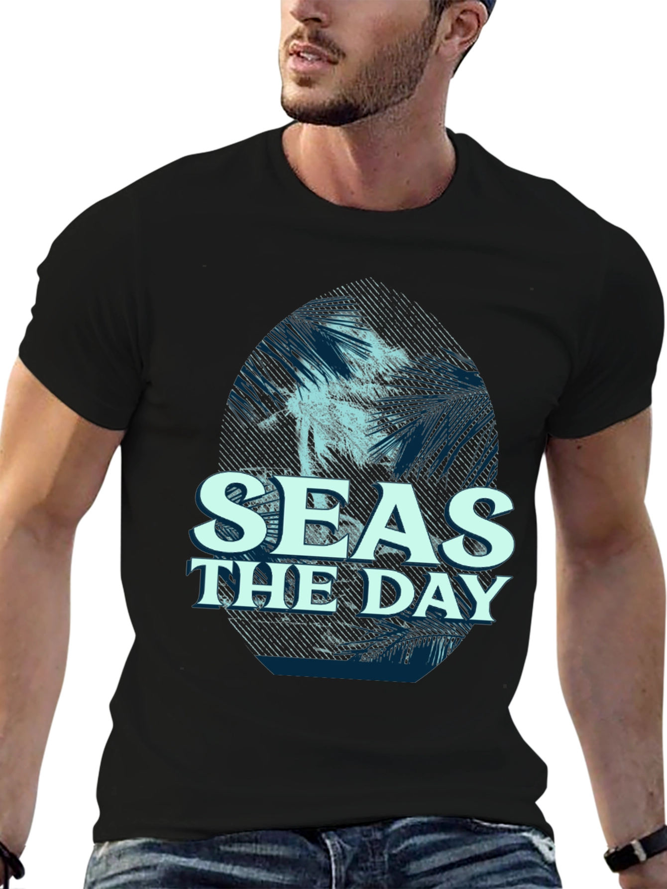 Seas the Day Graphic T-Shirt, Black Casual Tee - 6