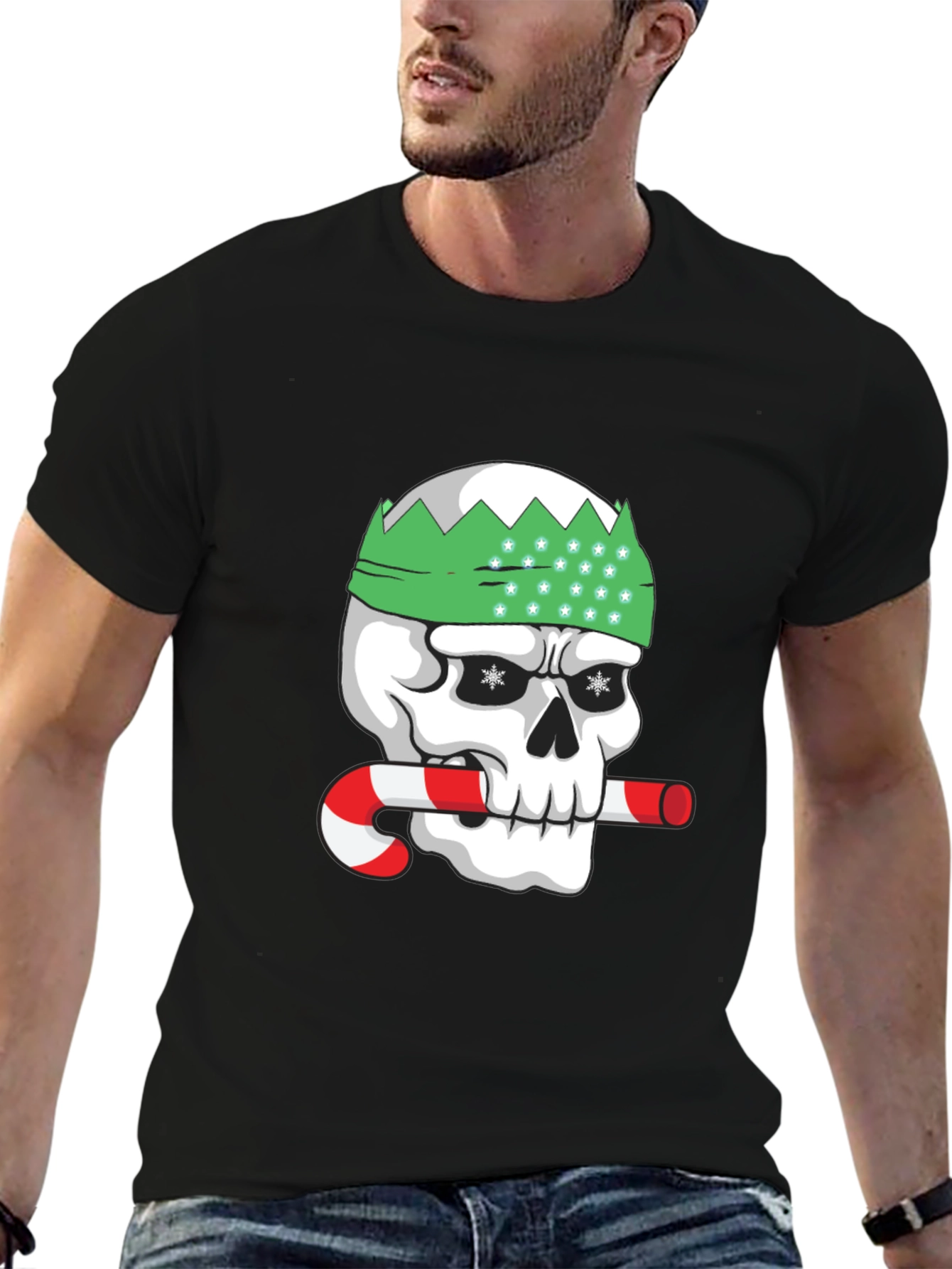 Black Festive Skull Graphic Tee - Holiday Humor view 6