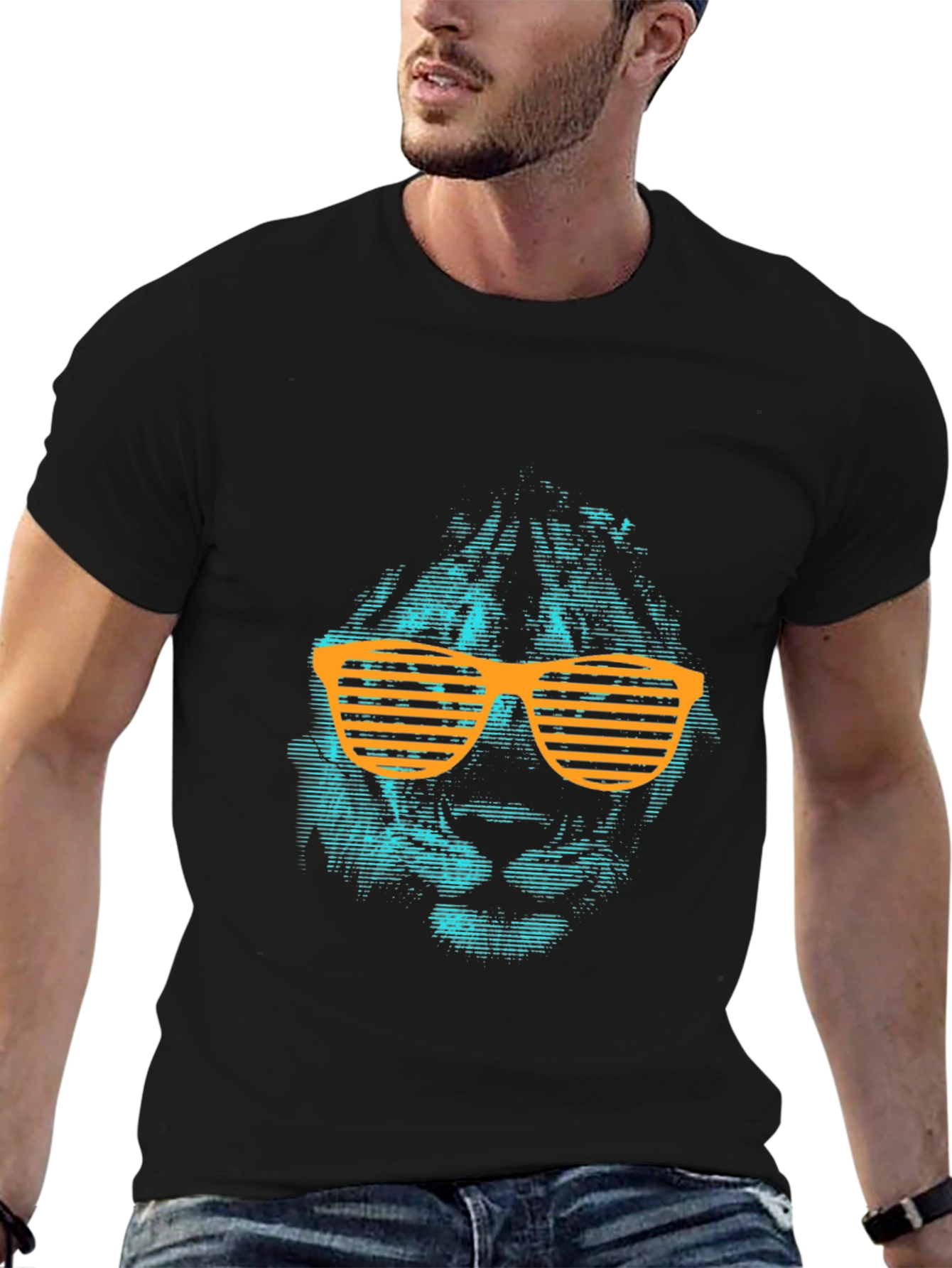 Black Cool Lion Graphic Tee with Orange Shutter Shades view 6