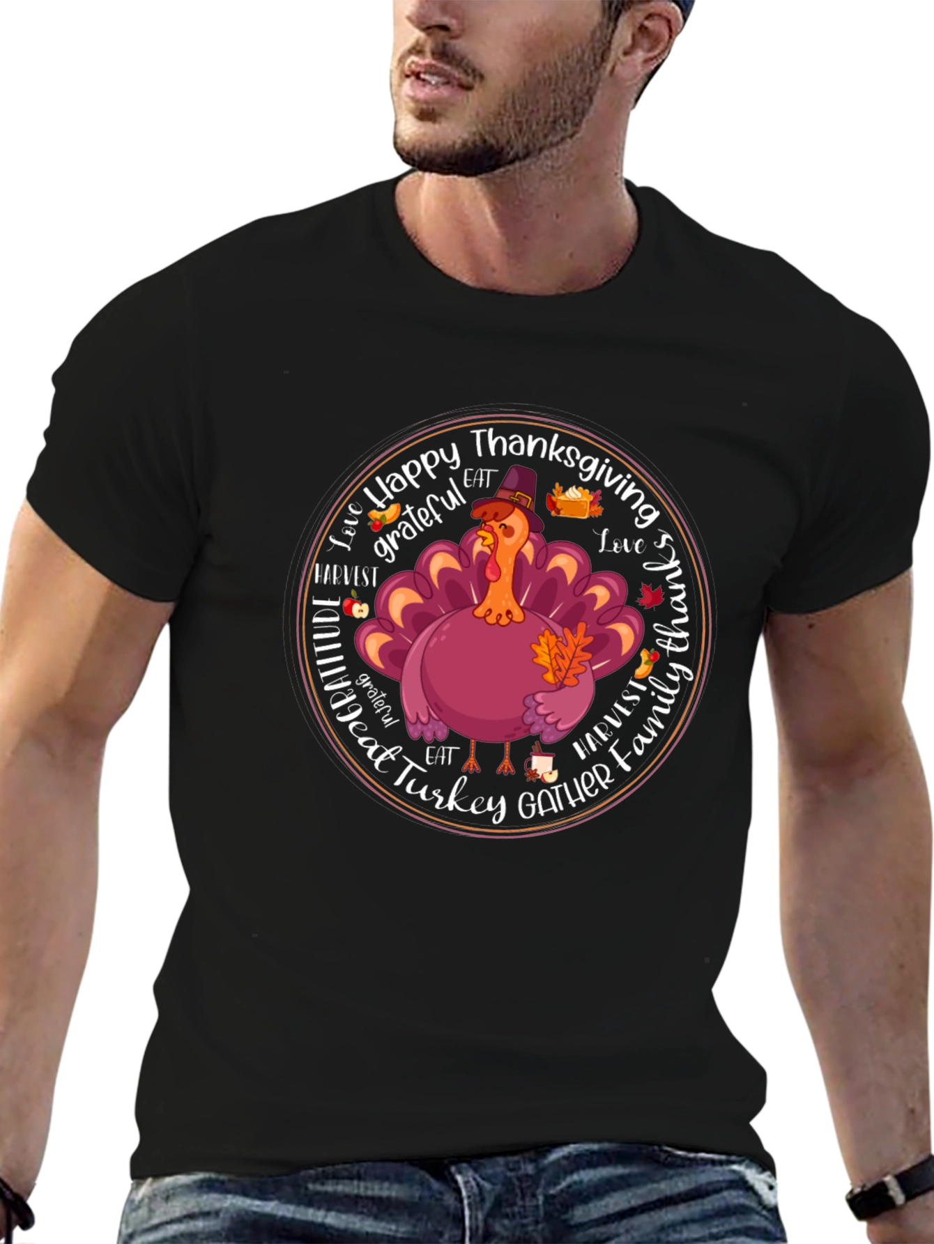 Black Happy Thanksgiving Turkey Graphic T-Shirt view 6