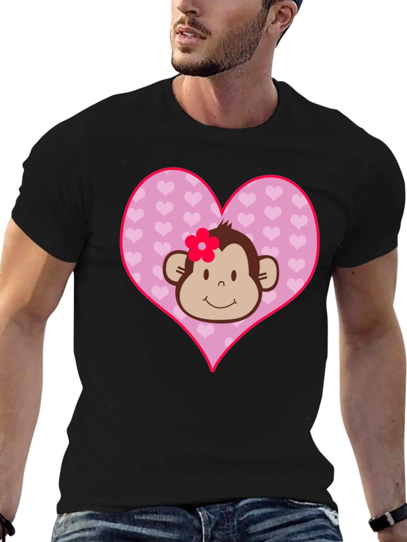 Black Cute Monkey Heart Graphic Tee - Black Cotton Shirt view 6