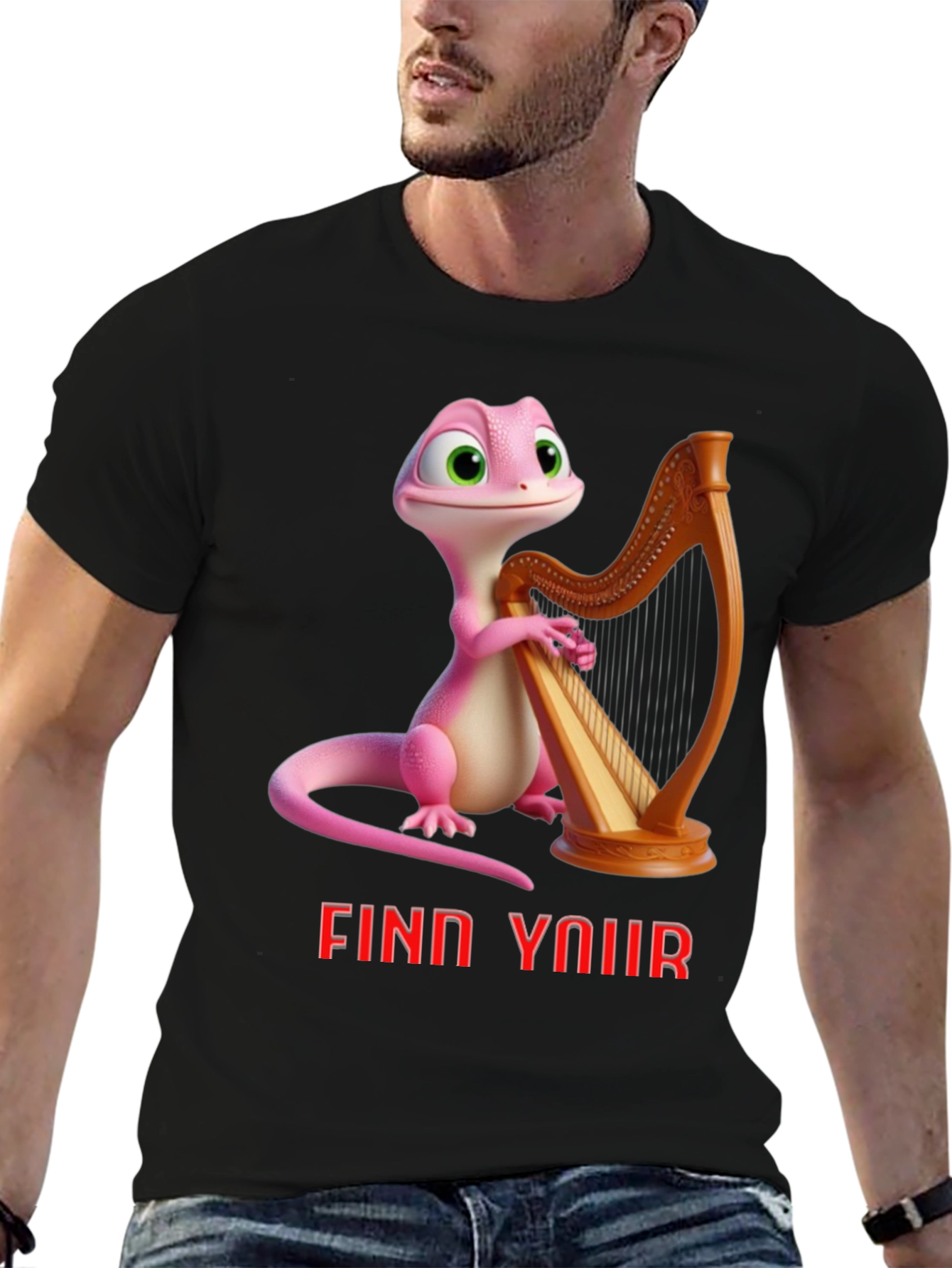 Black Whimsical Gecko Harpist Graphic Tee view 6