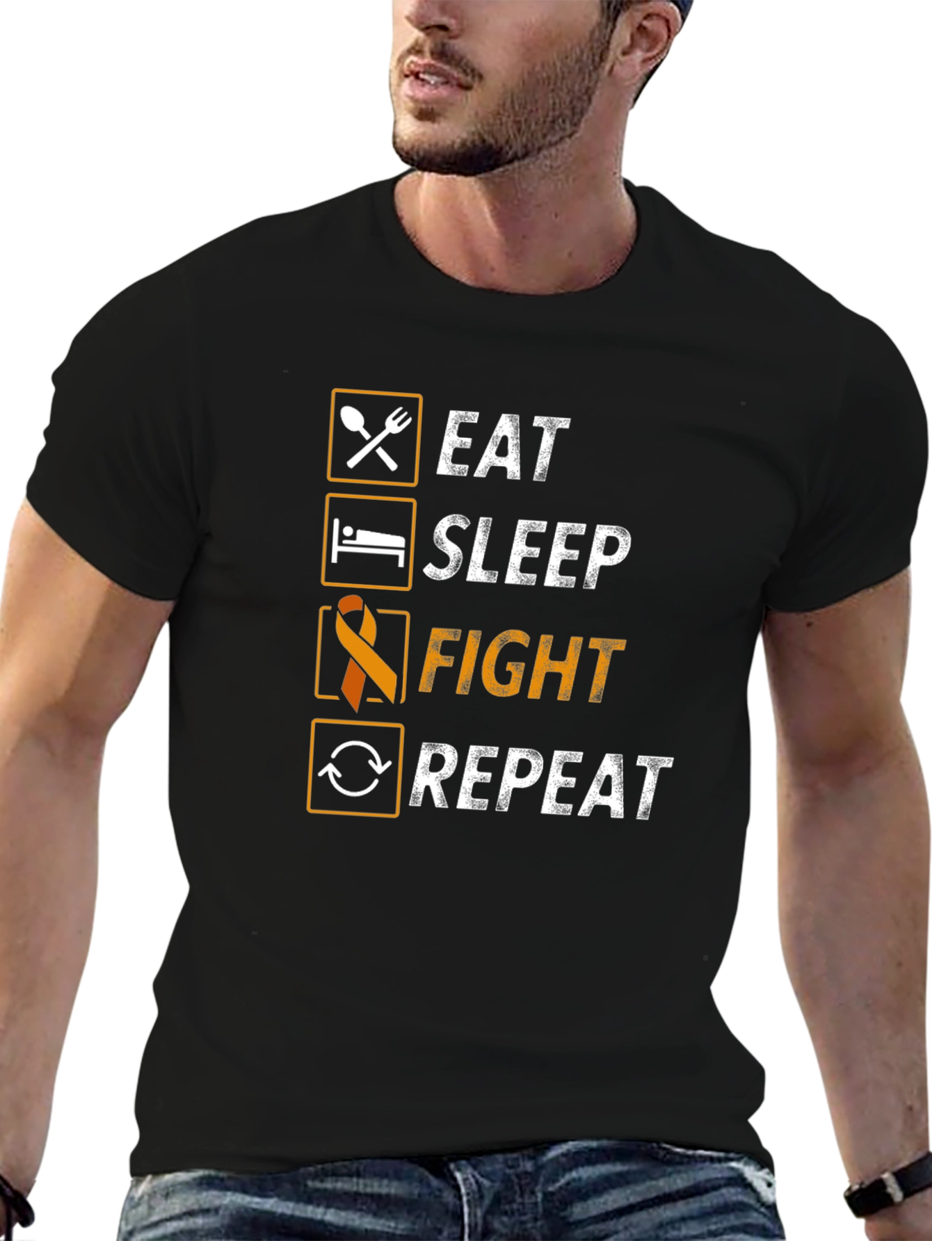 Black Eat Sleep Fight Repeat Awareness T-Shirt view 6