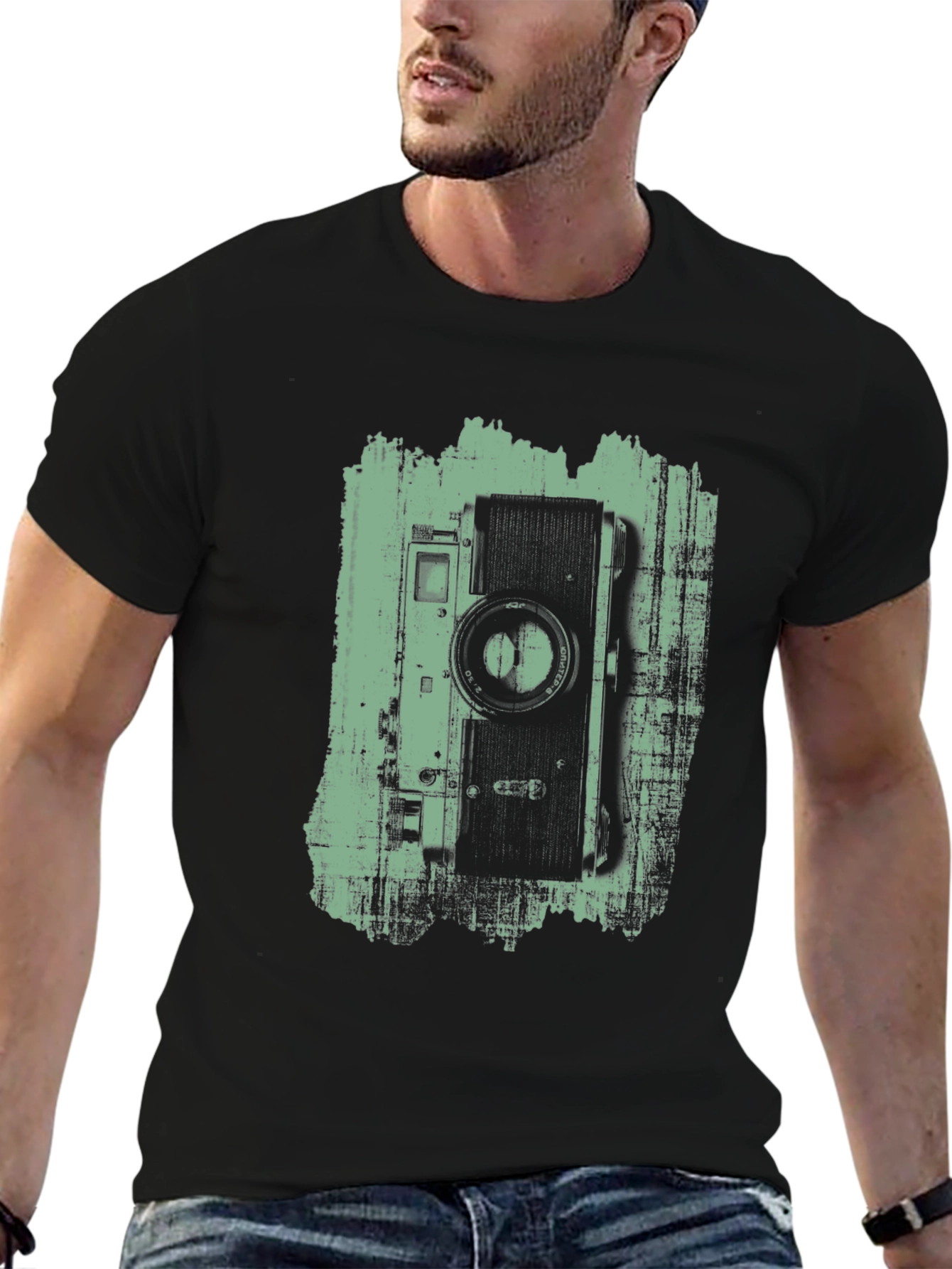 Black Vintage Camera Graphic Tee - Black Cotton T-Shirt view 6