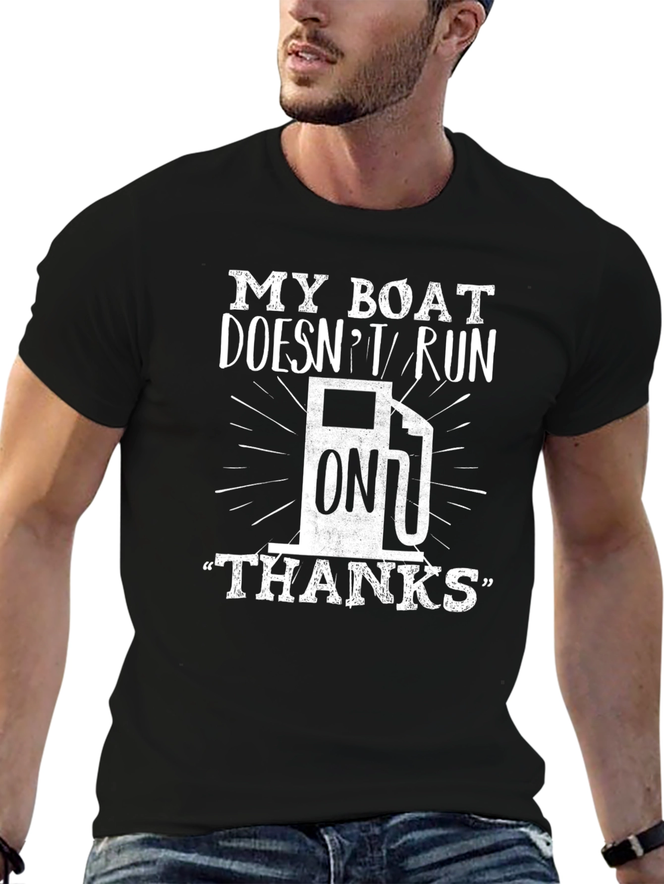 Black My Boat Runs on Thanks T-Shirt view 6