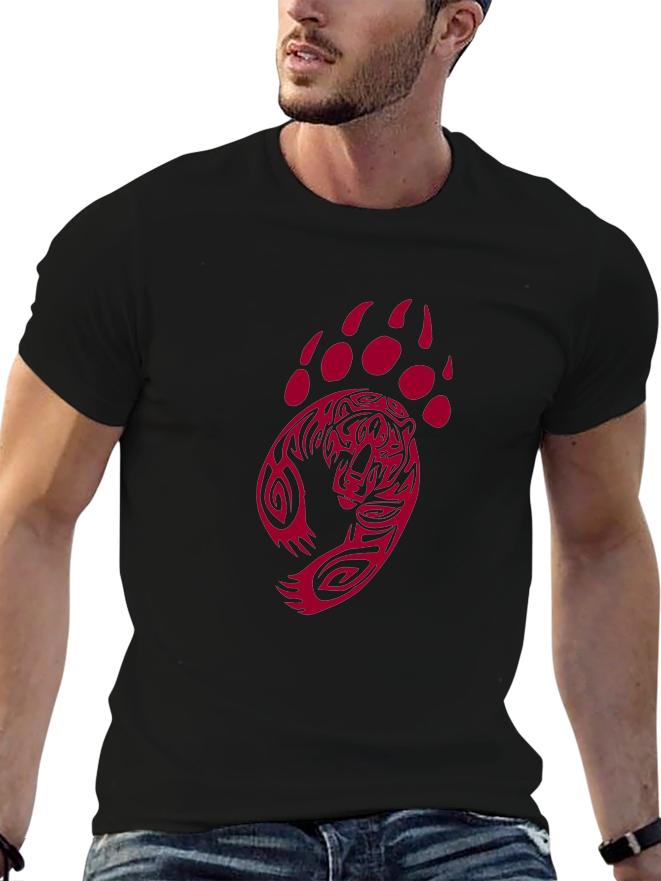 Black Men's Black T-Shirt with Red Bear Paw Design view 6