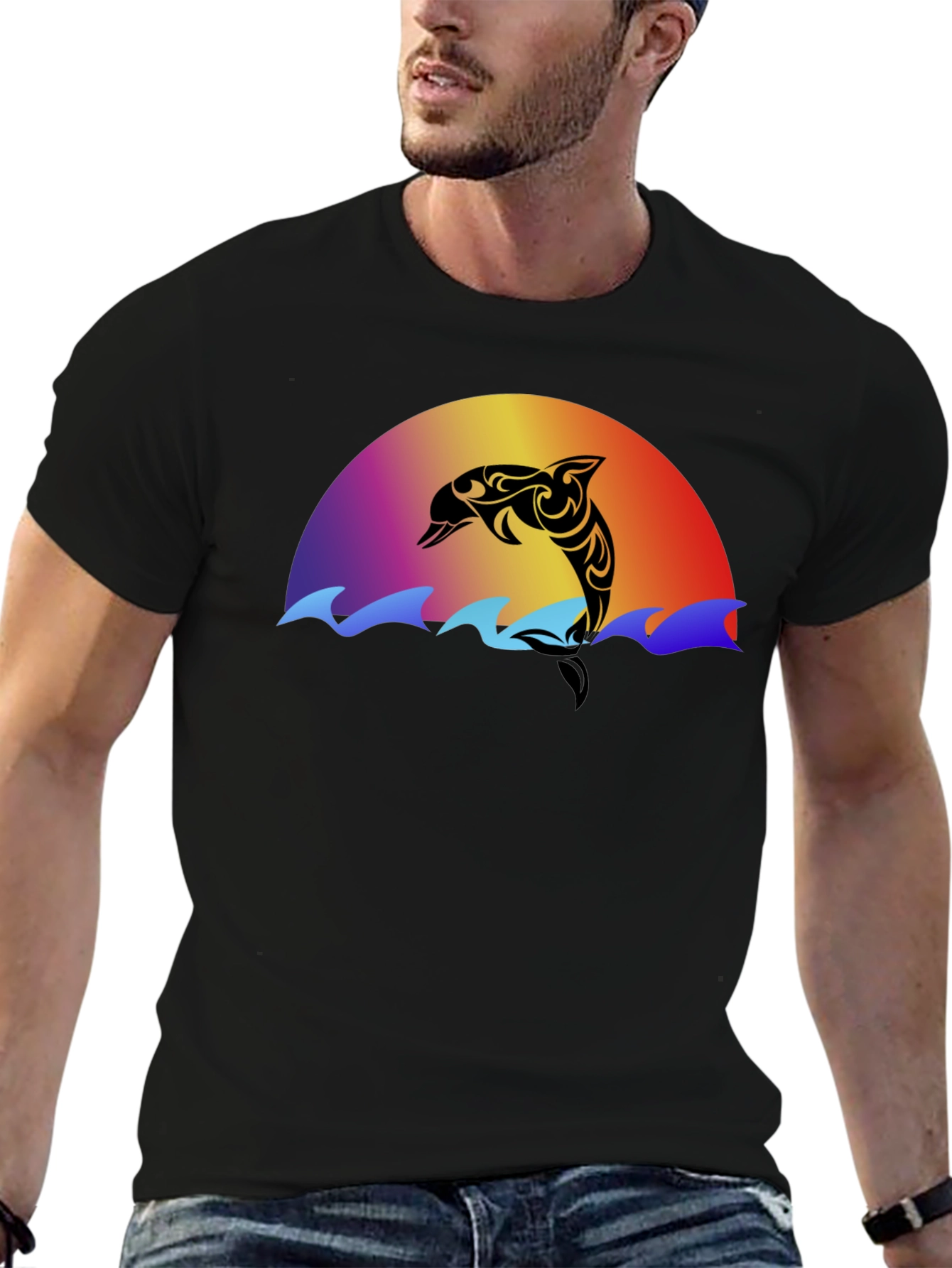 Black Tribal Dolphin Sunset Graphic T-Shirt view 6