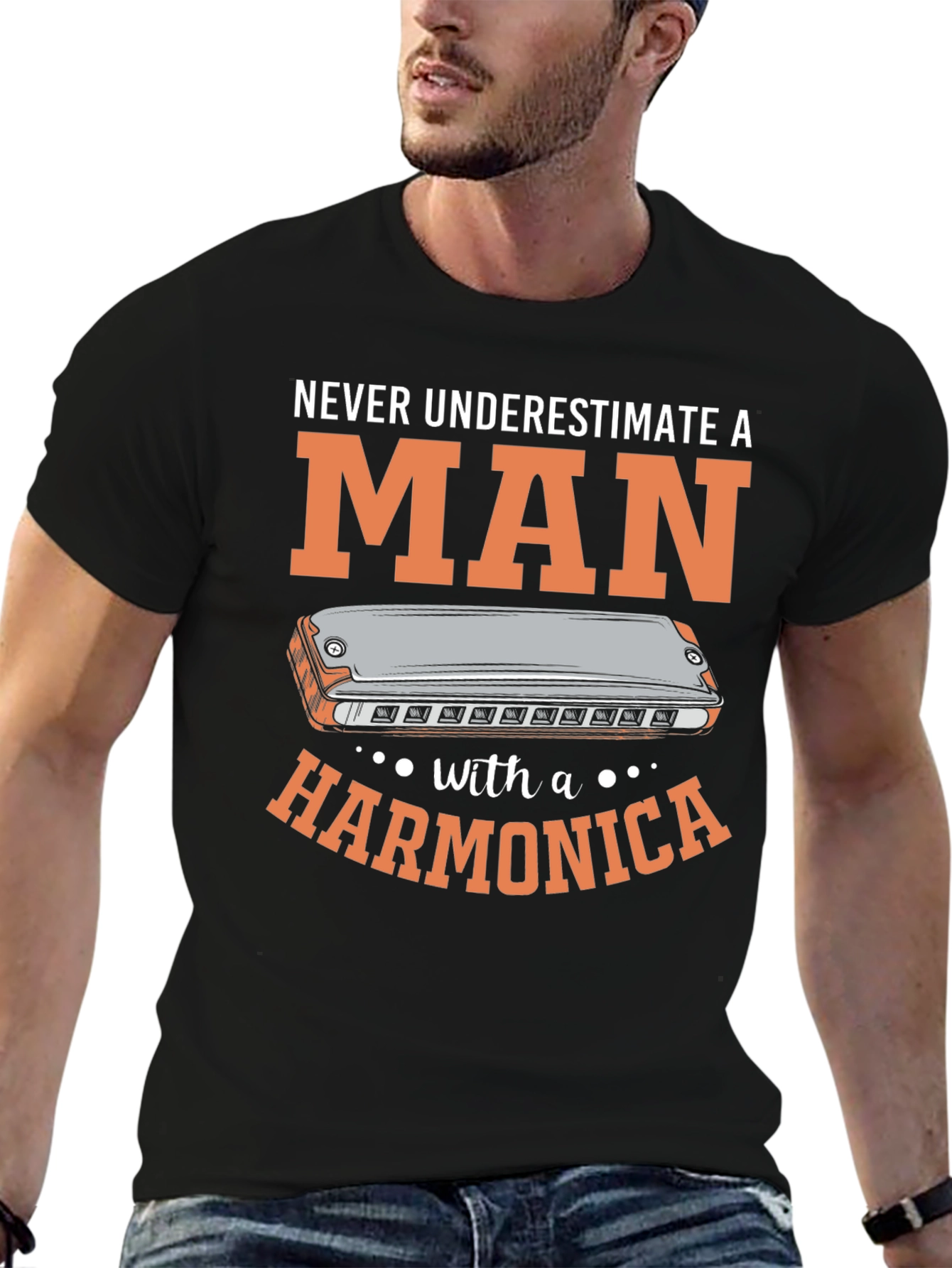 Black Harmonica Man T-Shirt - Music Lover Tee view 6