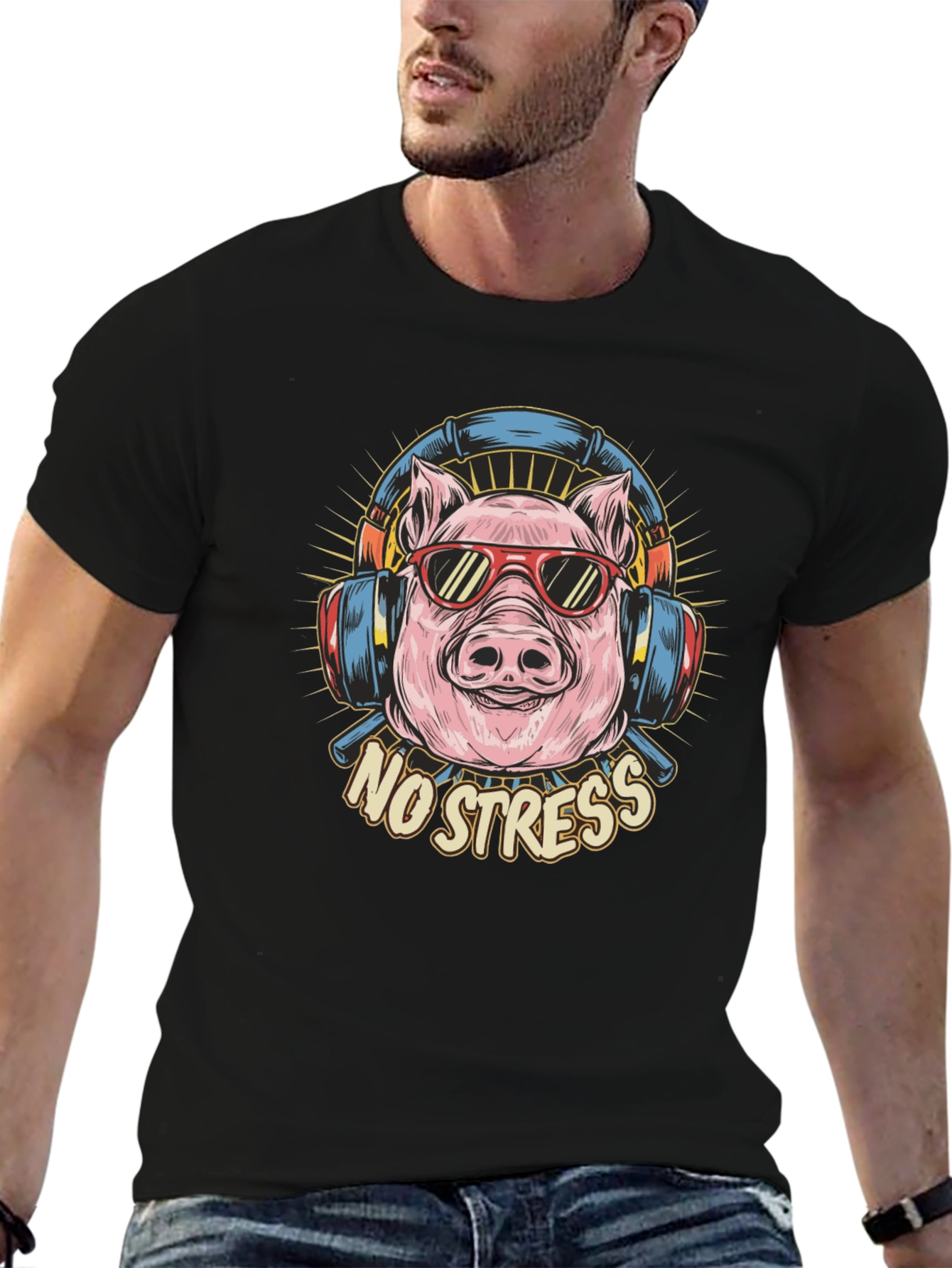 Black No Stress Pig Graphic Tee - Relaxed Fit view 6