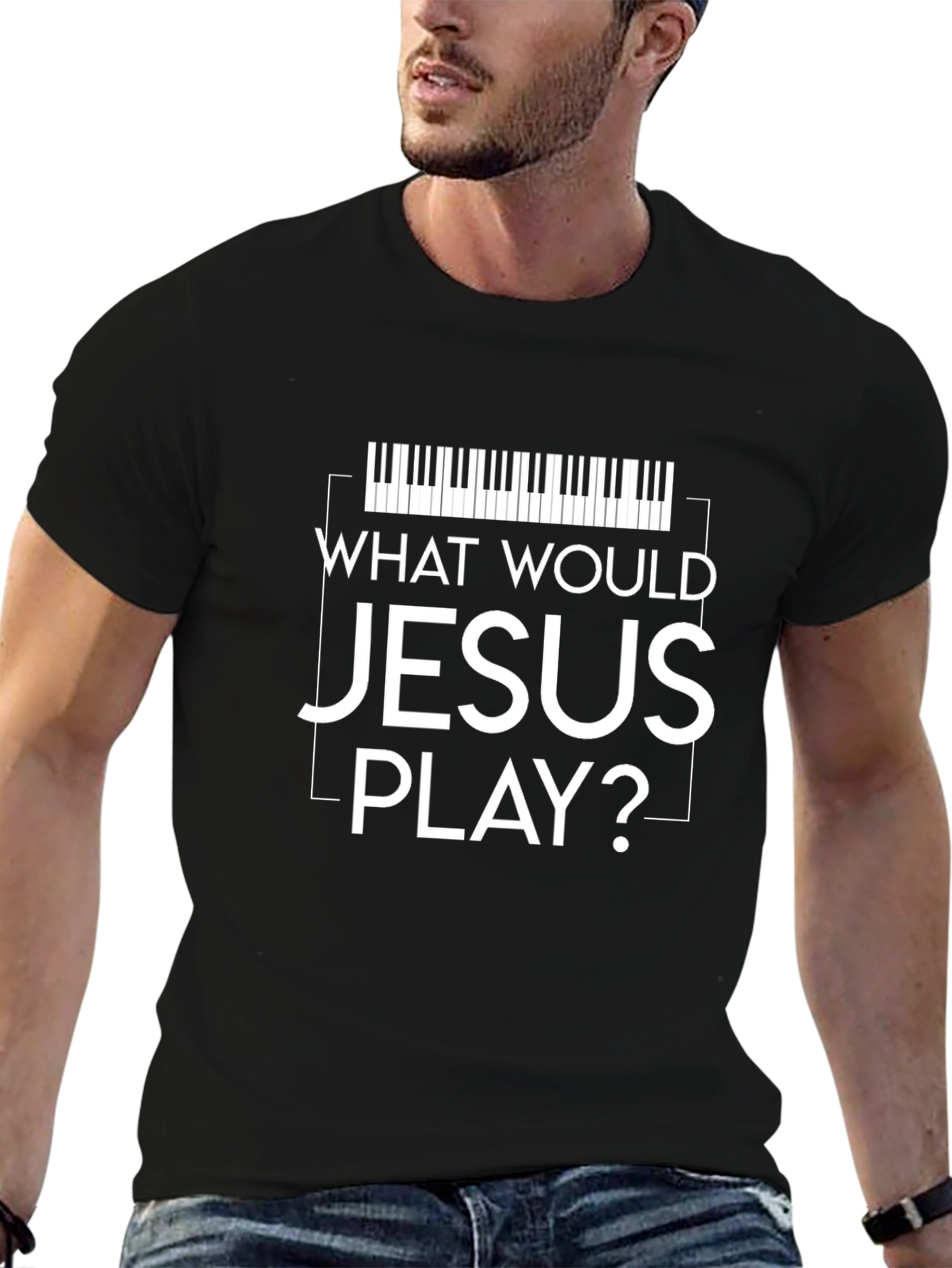 Black What Would Jesus Play Piano Keyboard T-Shirt view 6