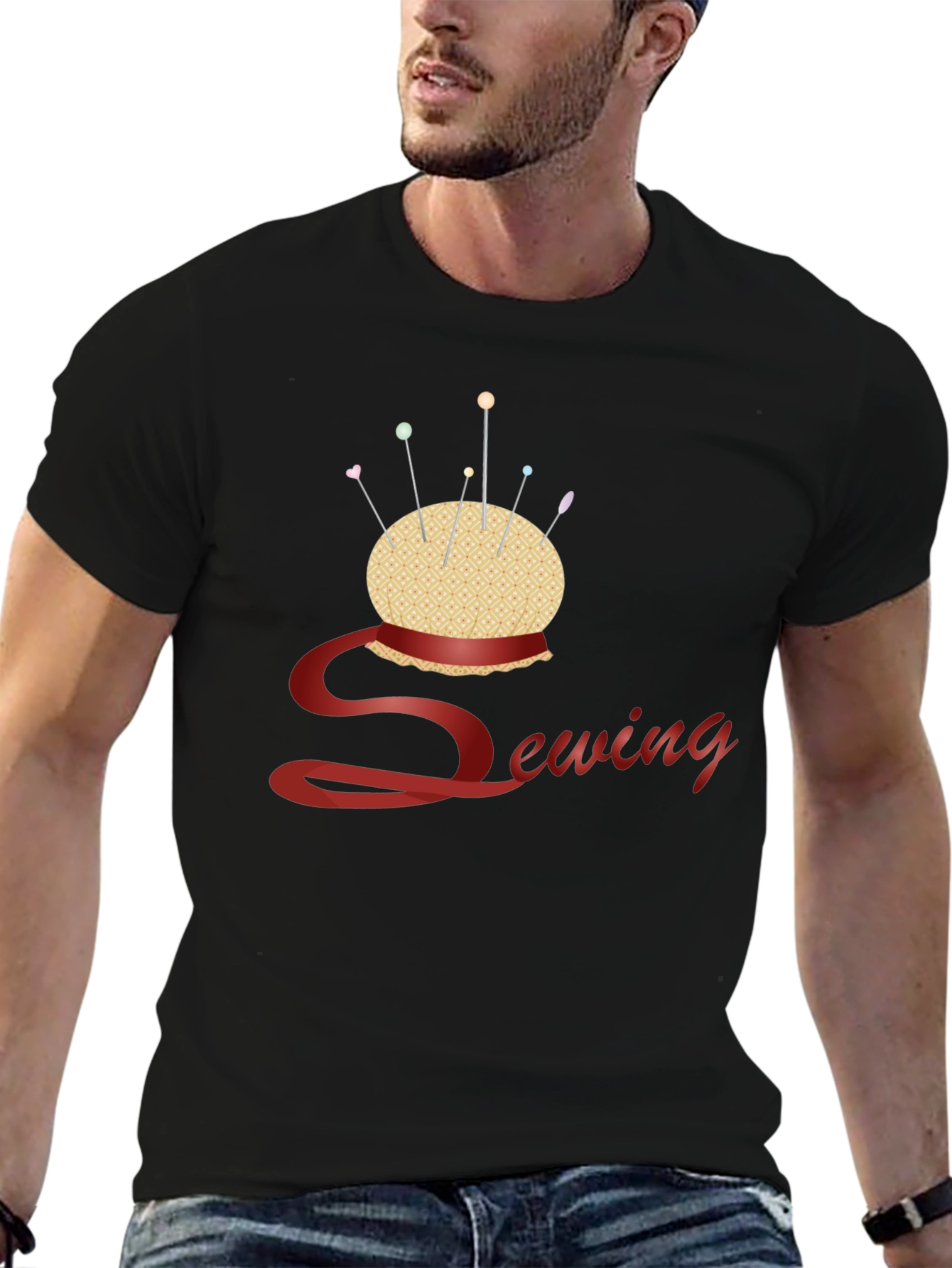 Black Sewing Themed Black T-Shirt view 6
